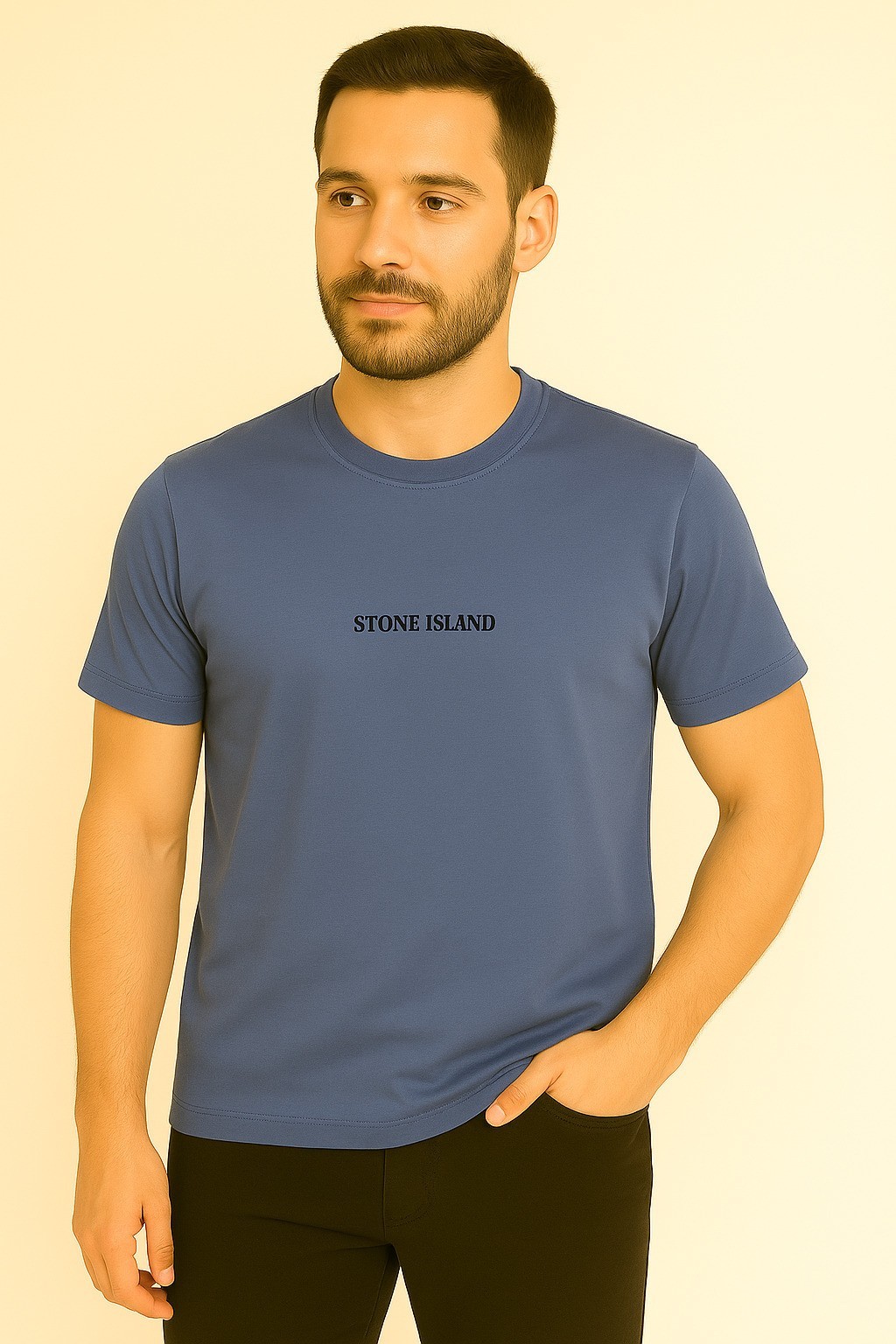Stone Island Küçük Baskı Pamuk Penye Bisiklet Yaka T-Shirt İndigo