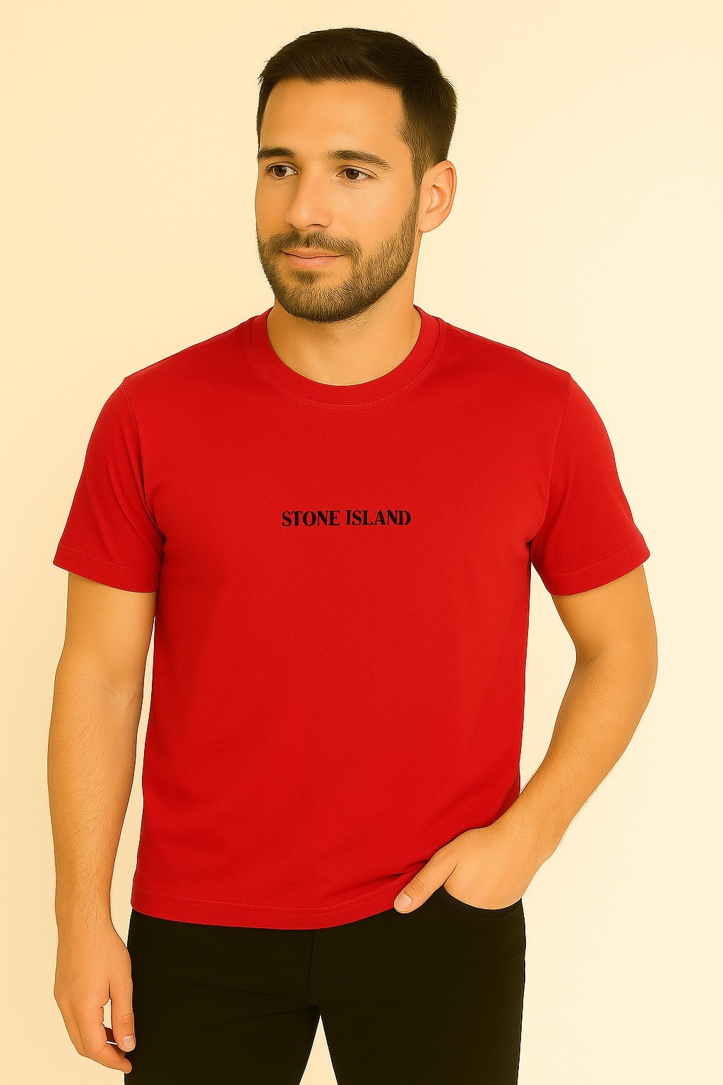 Stone Island Küçük Baskı Pamuk Penye Bisiklet Yaka T-Shirt Kırmızı