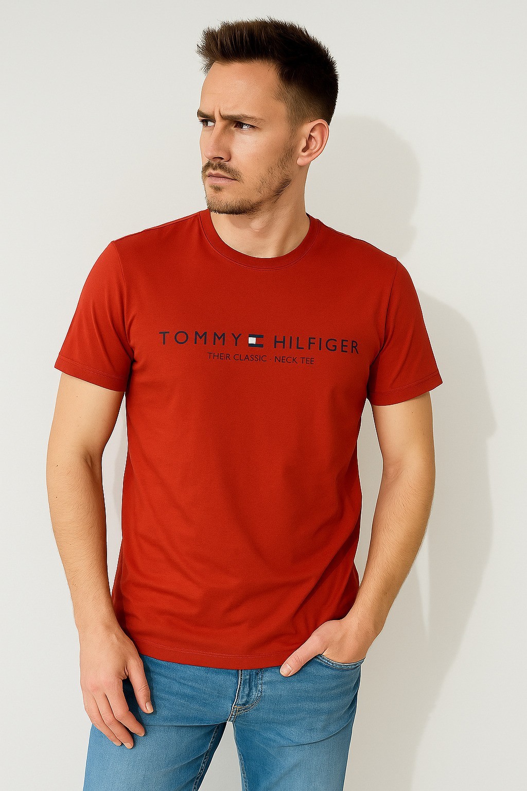 Tommy Est Baskılı Bisiklet Yaka Pamuk Penye T-Shirt Kırmızı