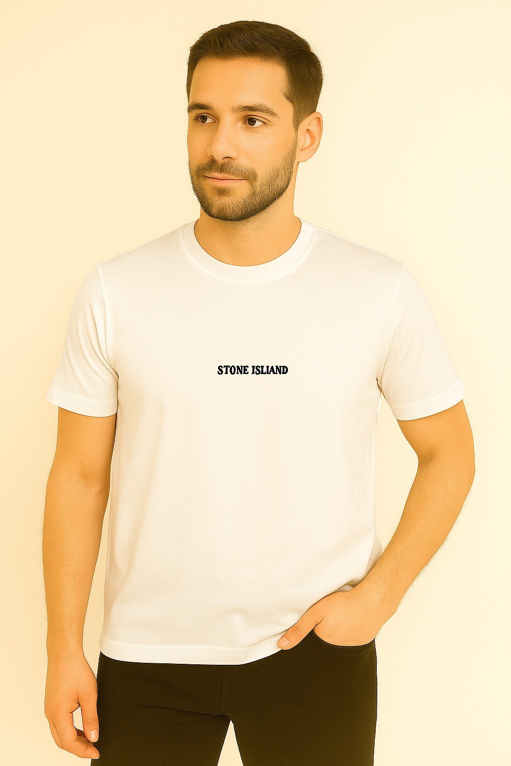Stone Island Küçük Baskı Pamuk Penye Bisiklet Yaka Tshirt Beyaz