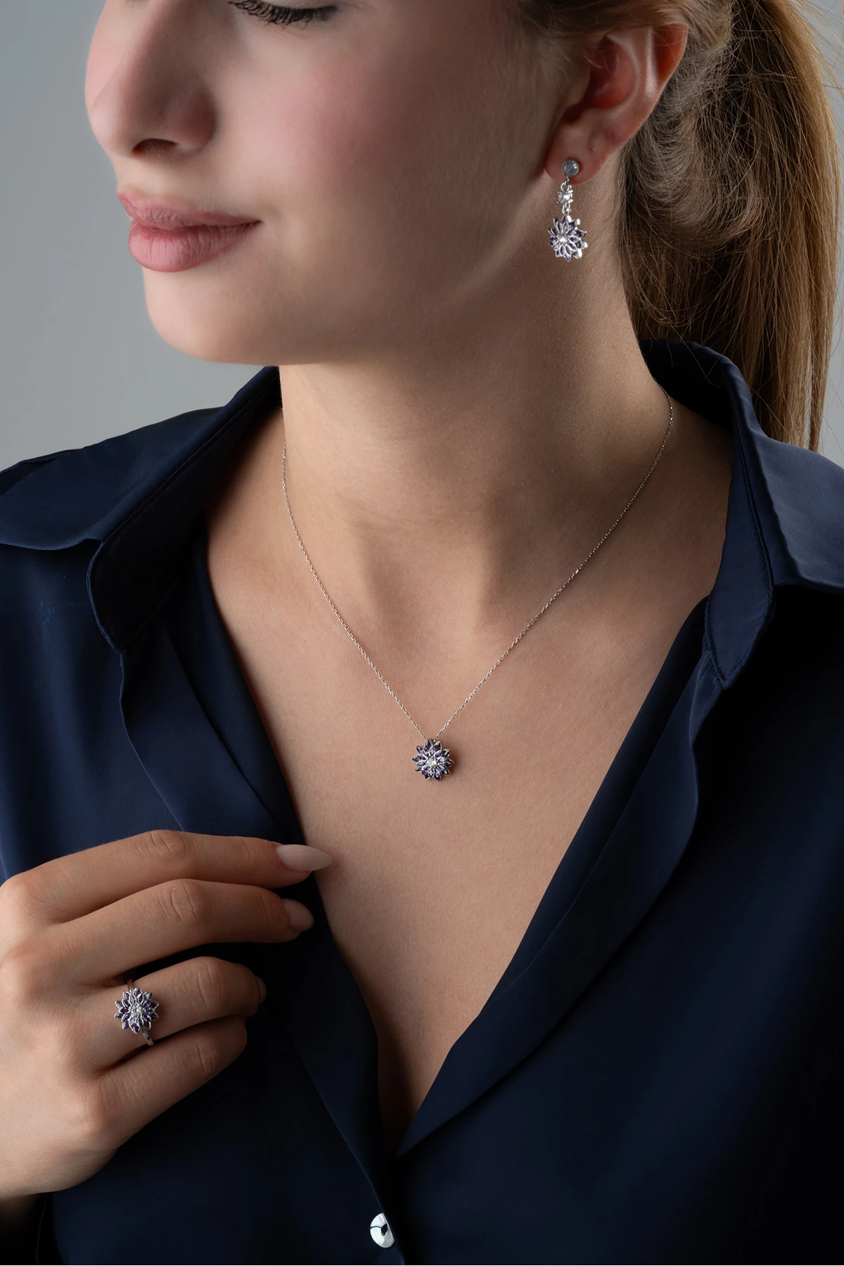 Gümüş Mor Tek Taşlı Lotus Takı (Kolye-Küpe-Yüzük) Seti