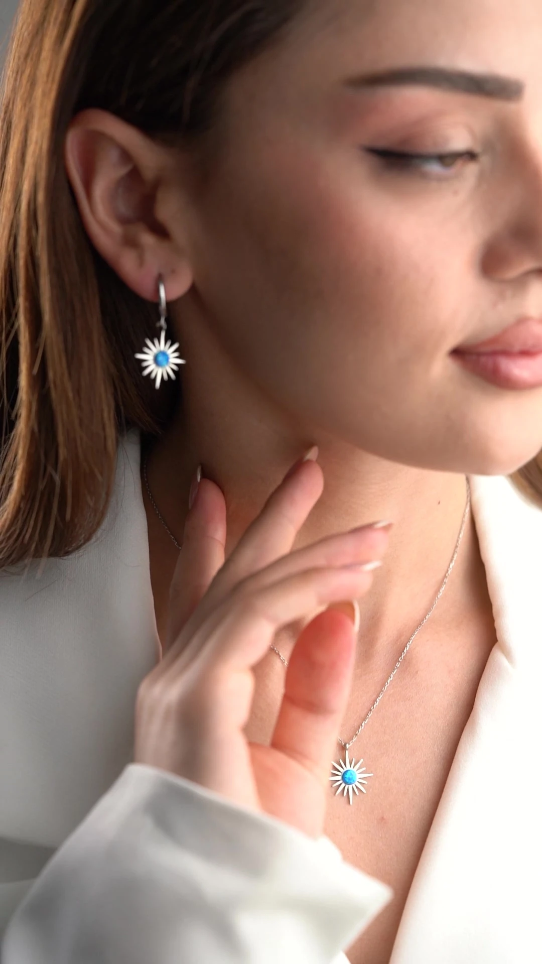 Gümüş Opal Taşlı Kutup Yıldızı (Kolye-Küpe) Seti