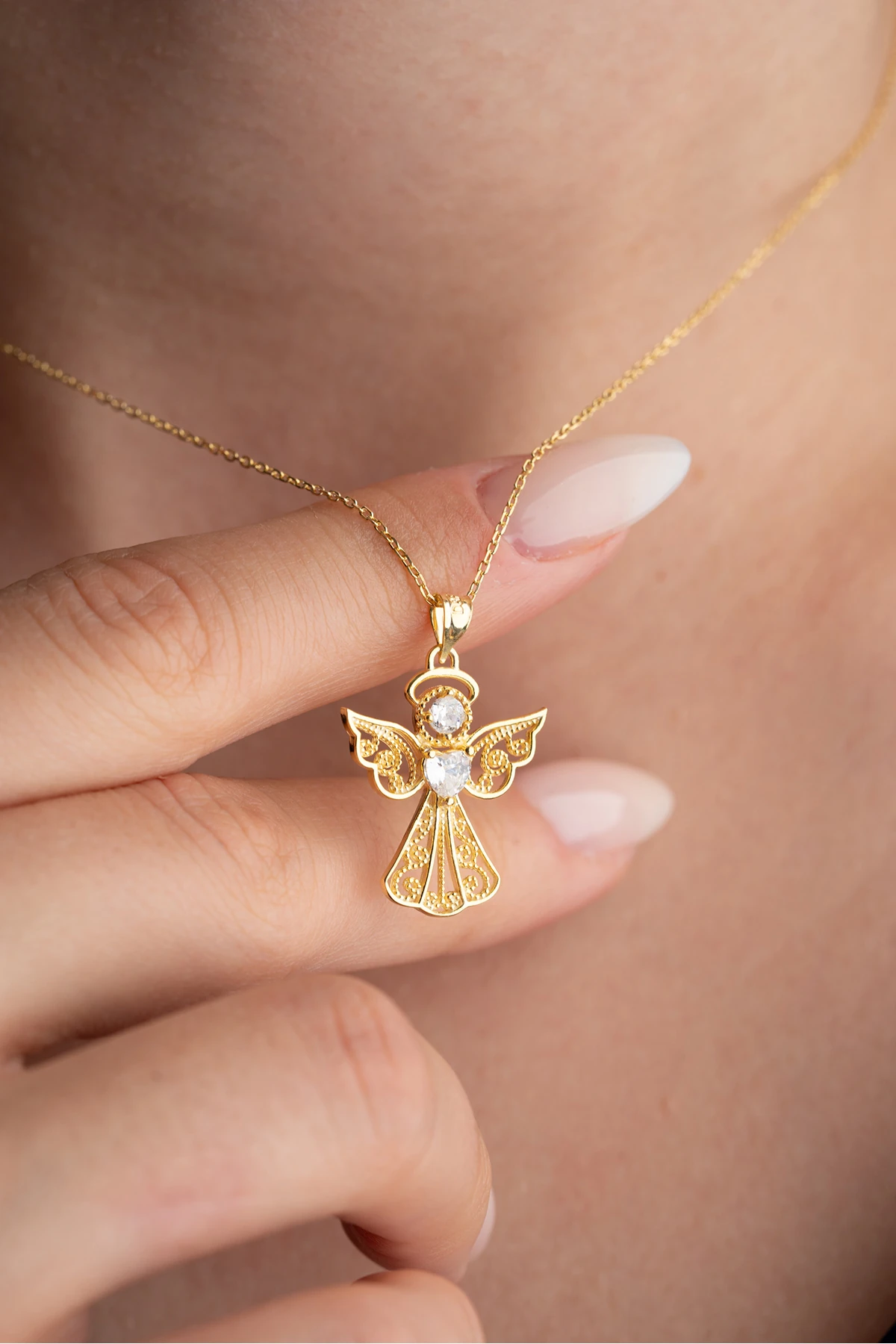 Gümüş Gold Işıklı Kutu Kalp Tektaş Melek Kolye