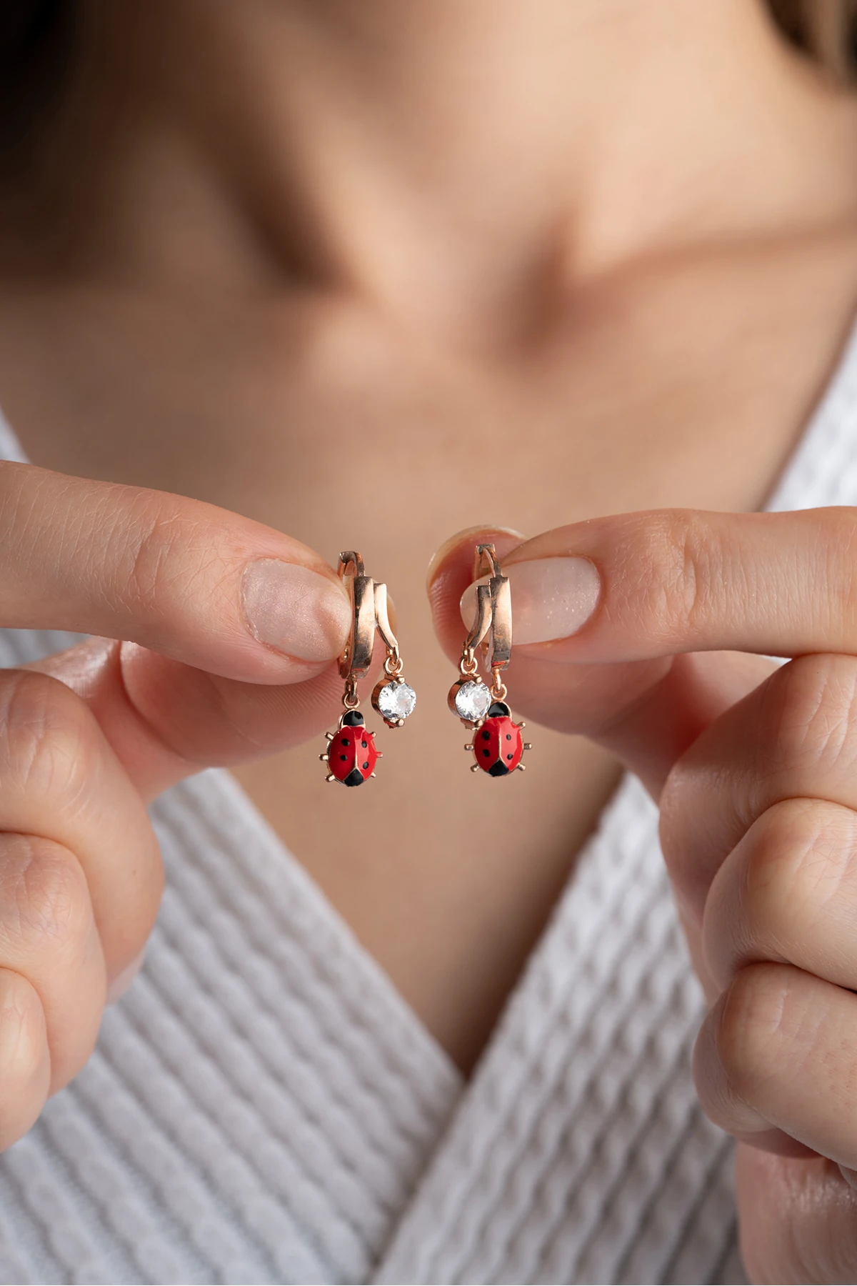 Gümüş Çift Uğur Böcekli Taşlı Küpe