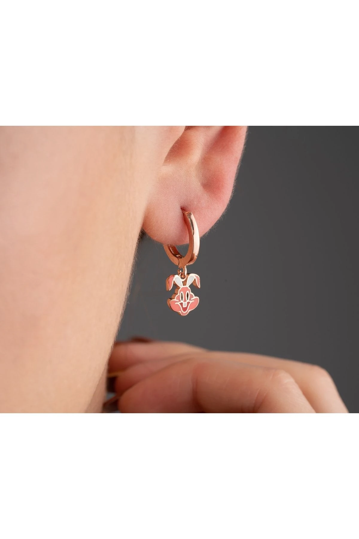 Gümüş Rose Mineli Tavşan Çocuk Küpe