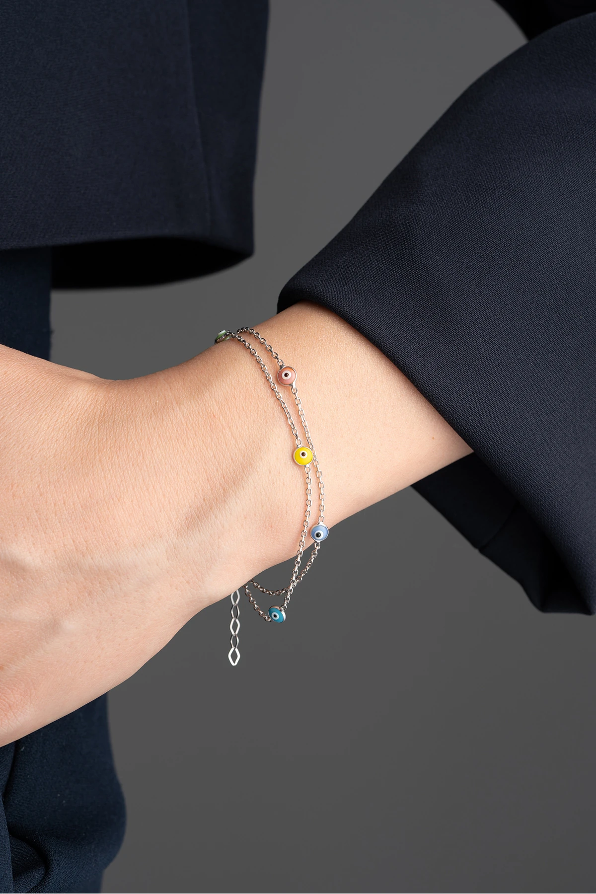 Gümüş Çiftli Renkli Nazar Bileklik