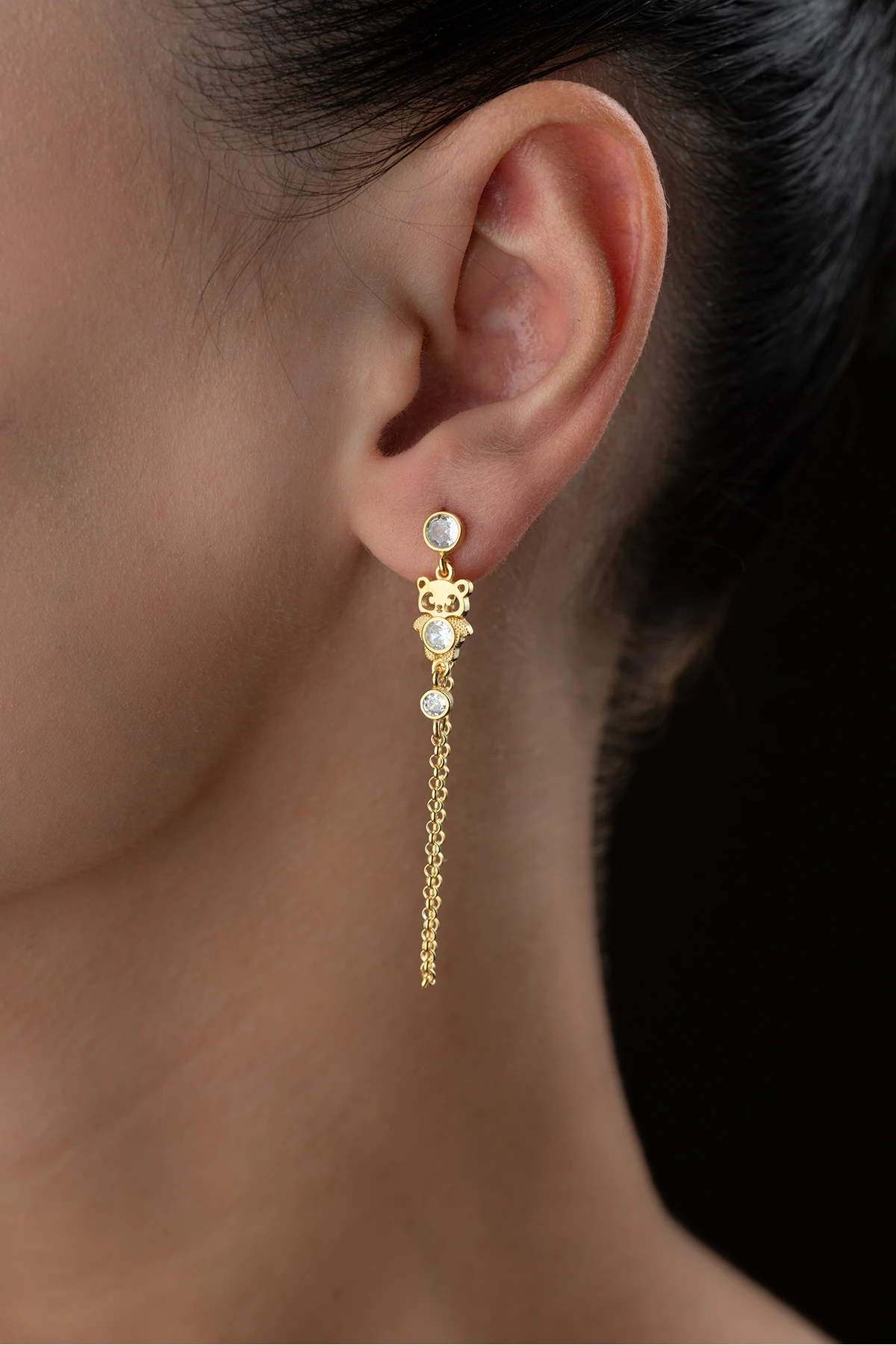 Gümüş Sallantılı Zincirli Panda Küpe