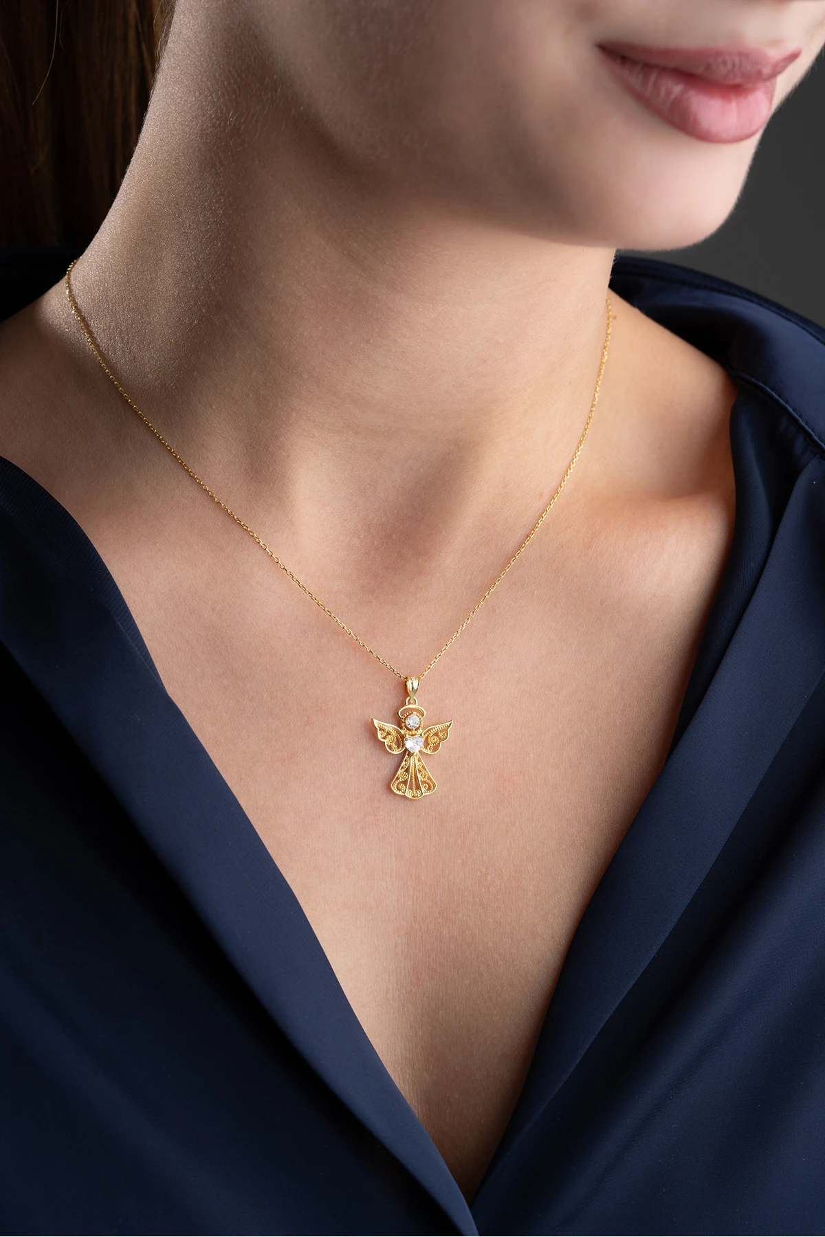 Gümüş Gold Işıklı Kutu Kalp Tektaş Melek Kolye