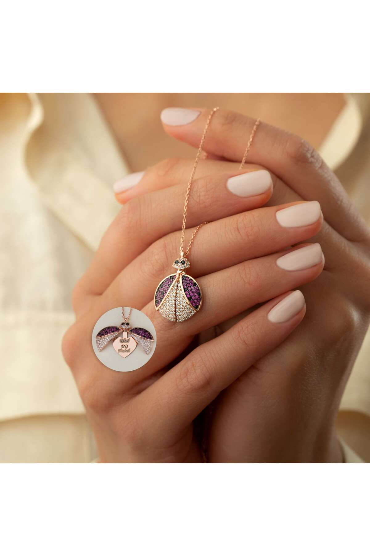 Gümüş Zirkon Taşlı Isimli Açılan Uğur Böceği Kolye