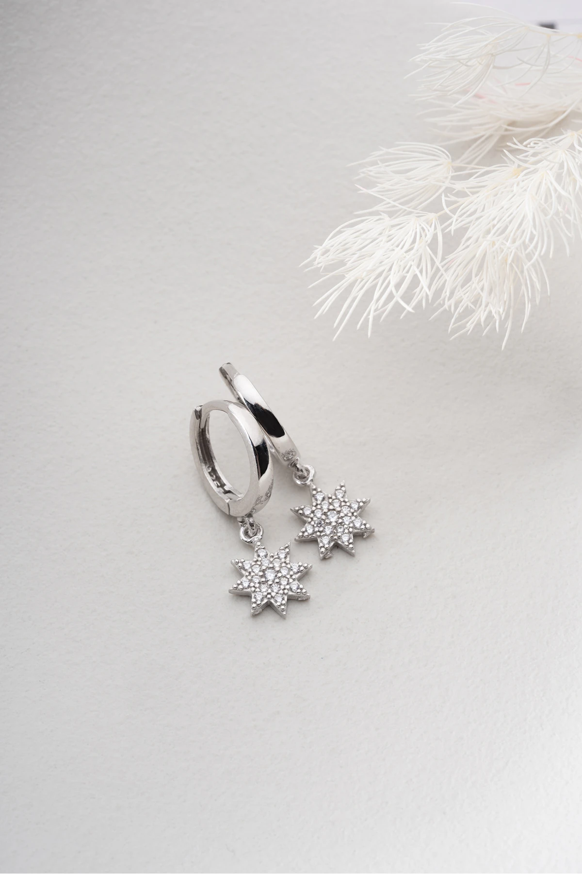 Gümüş Halkalı Taşlı Yıldız Küpe