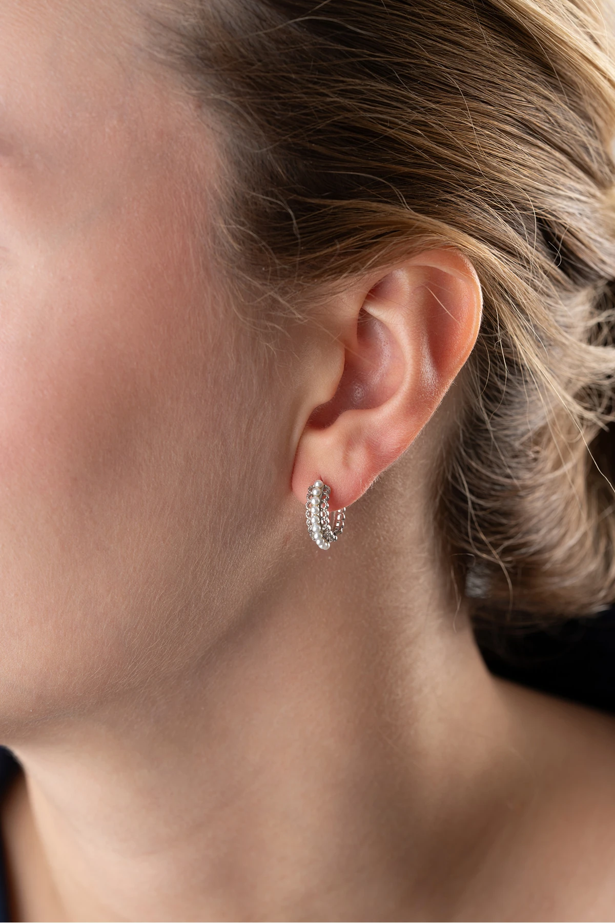 Gümüş İncili Halka Küpe