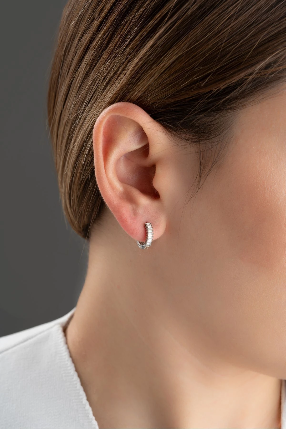 Gümüş Küçük Boy Baget Taşlı Halka Küpe