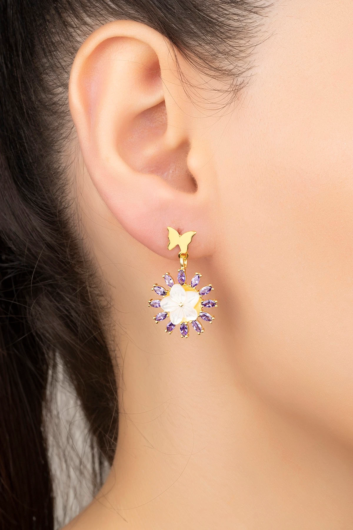 Gümüş Sedefli Çiçek Küpe