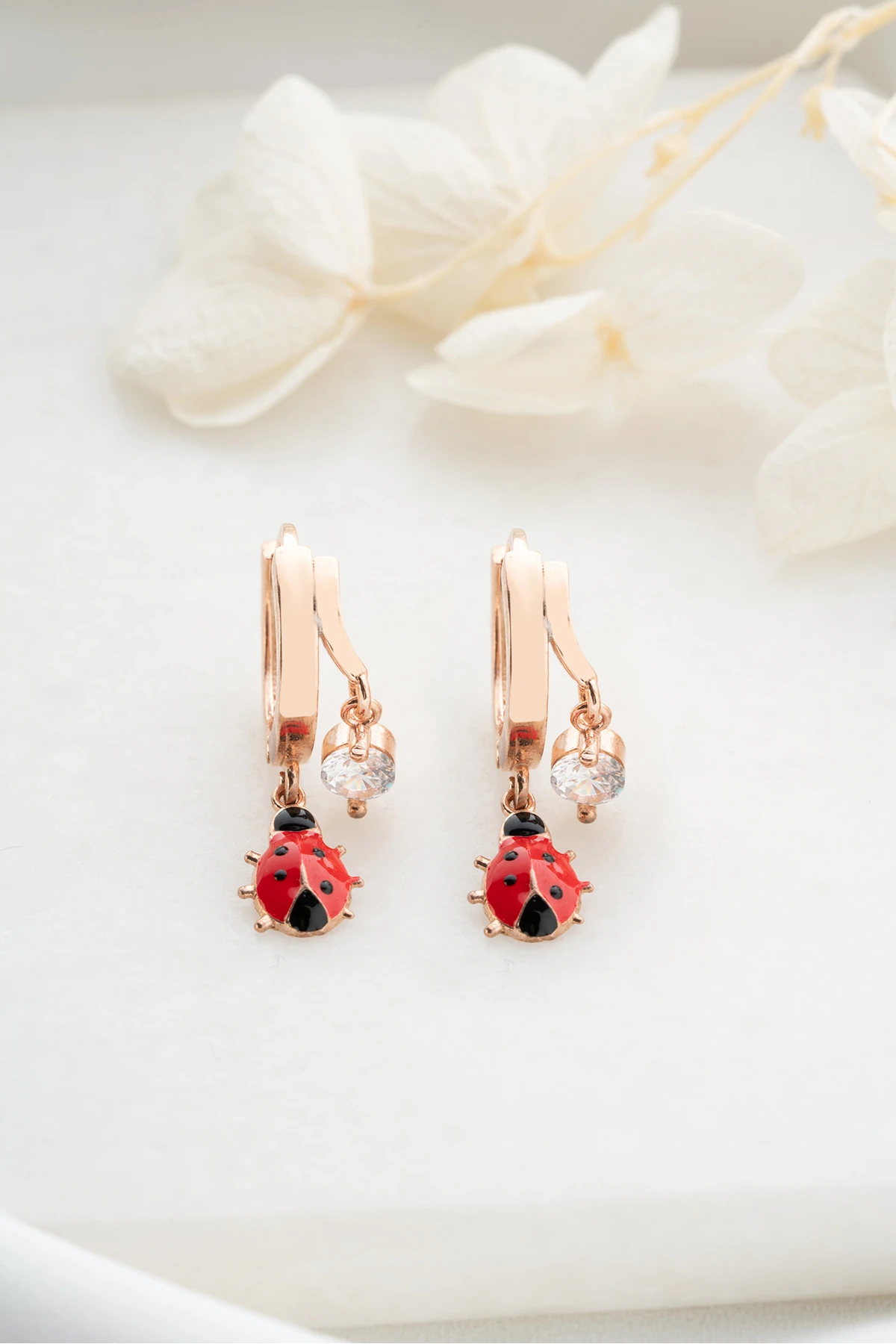 Gümüş Çift Uğur Böcekli Taşlı Küpe