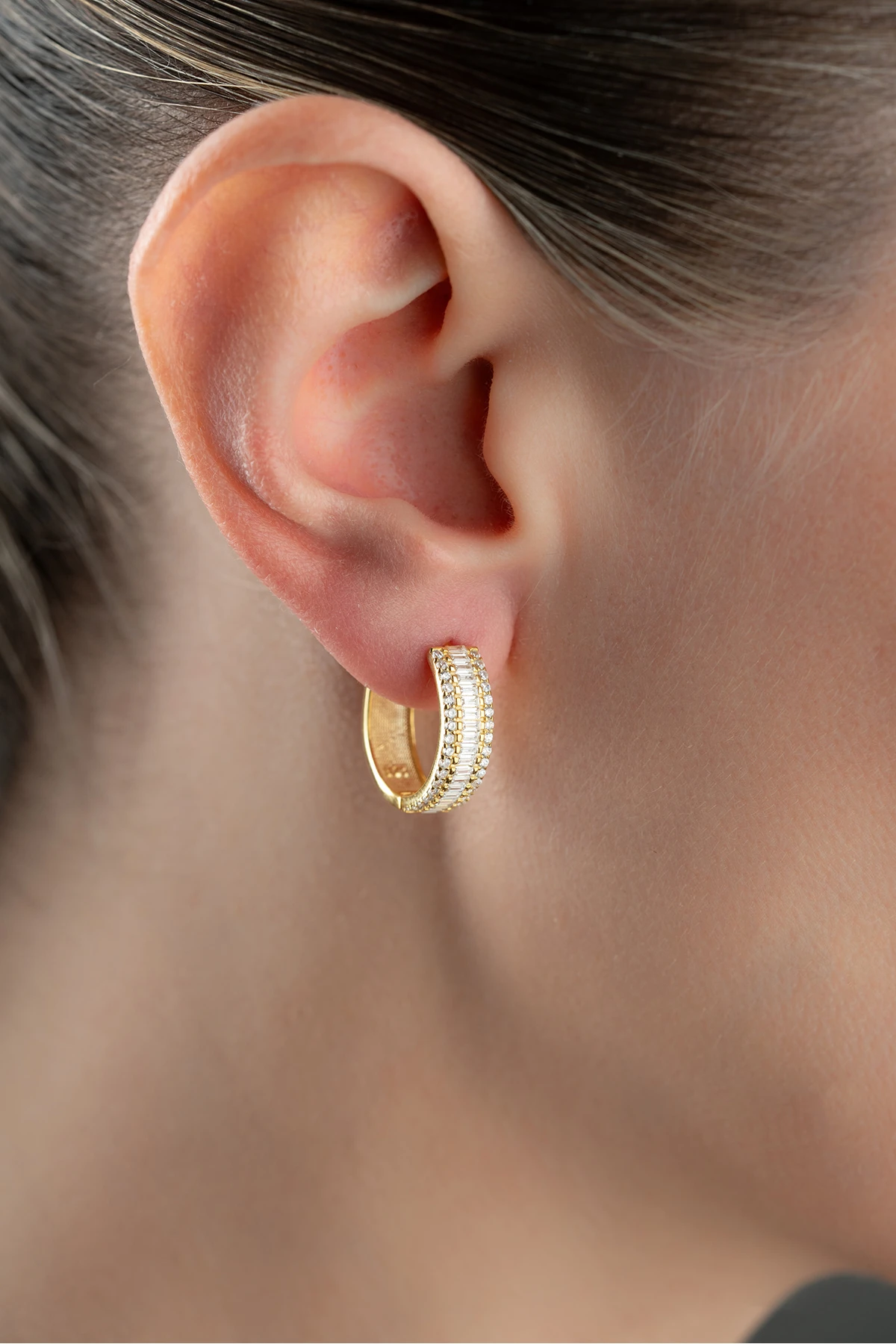 Gümüş Gold Baget Taşlı Halka Küpe