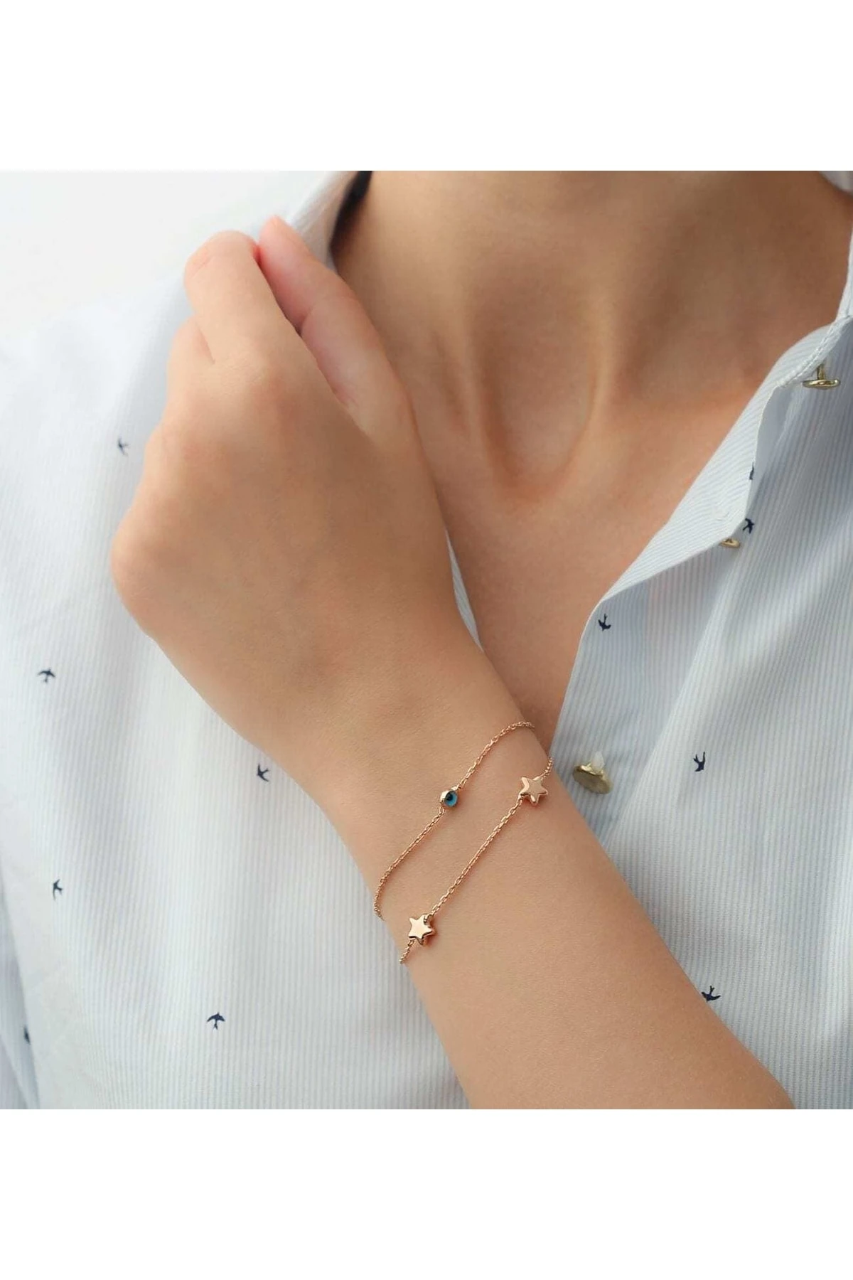 Gümüş Nazarlı Yıldız Çiftli Bileklik