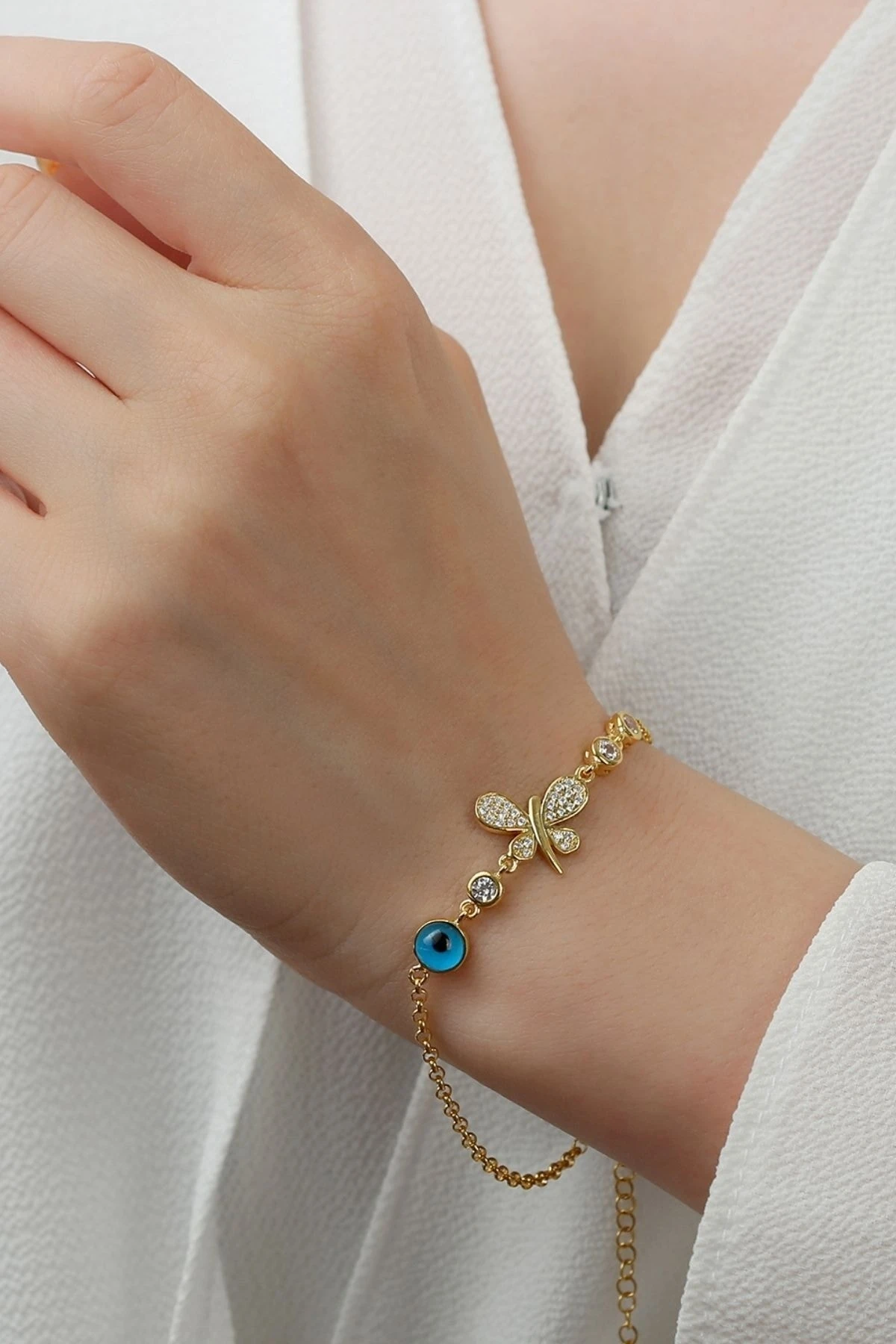 Gümüş Nazarlı Kelebek Bileklik