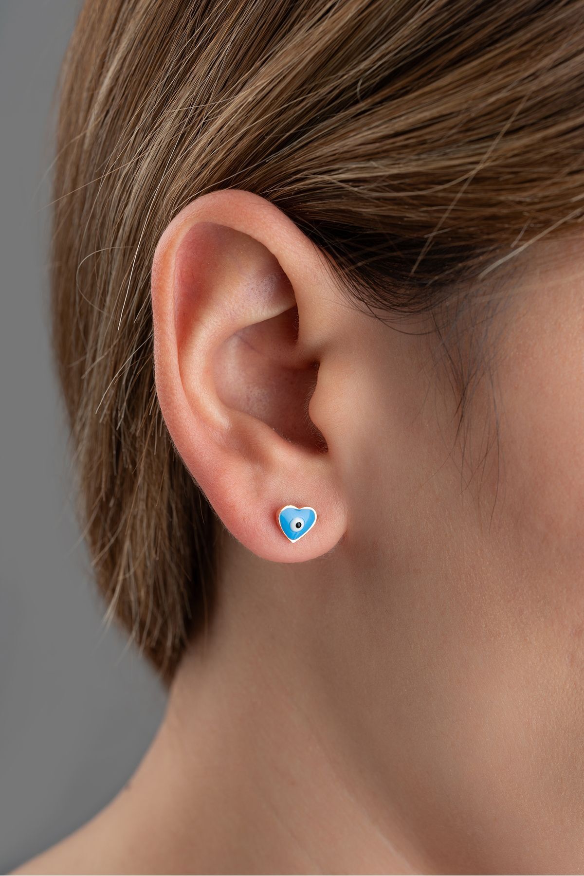 Gümüş Göz Nazar Kalp Çivili Küpe