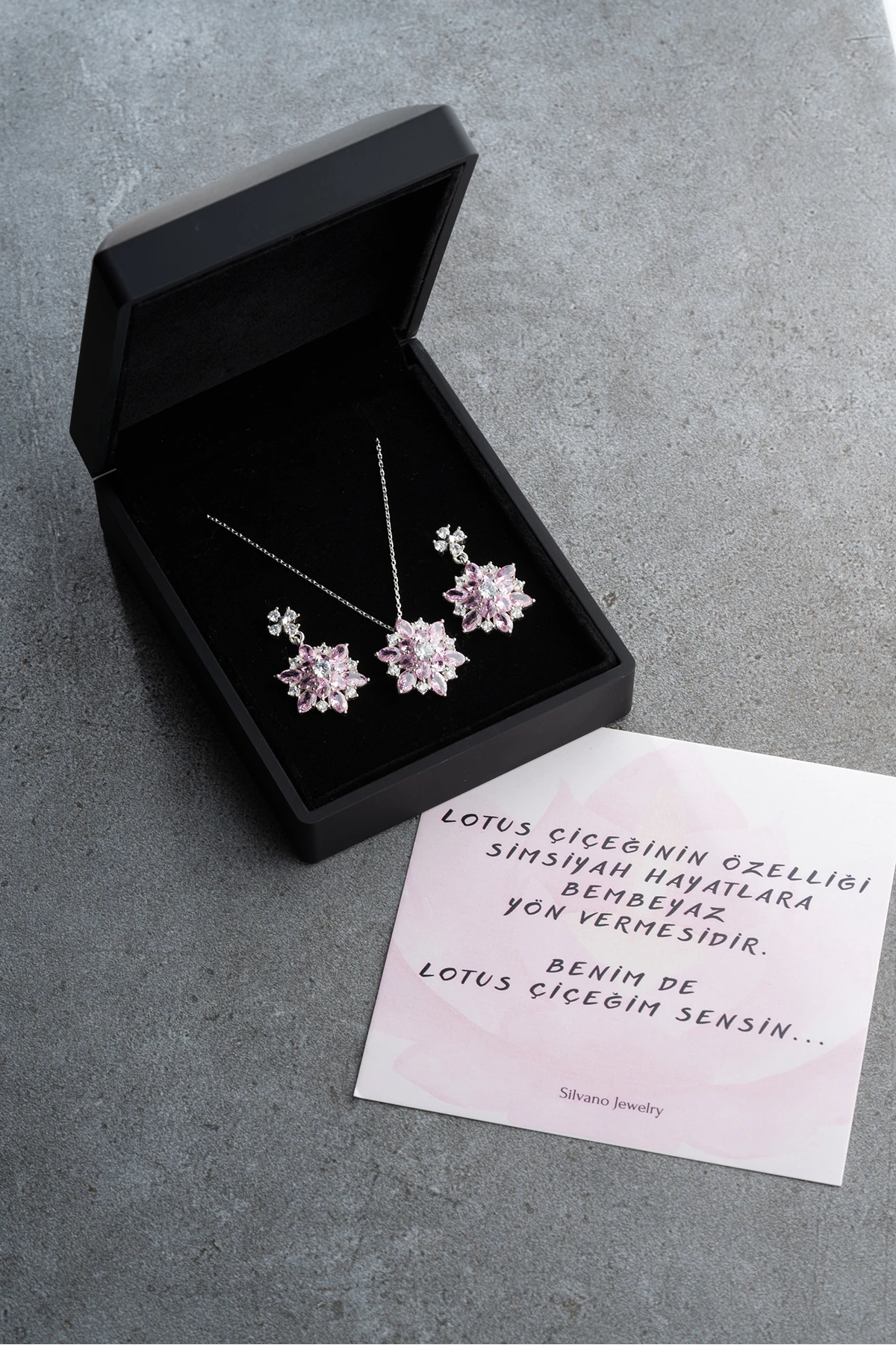 gümüş Işıklı Kutu Pembe Oval Taşlı Takı (Kolye-Küpe) Seti