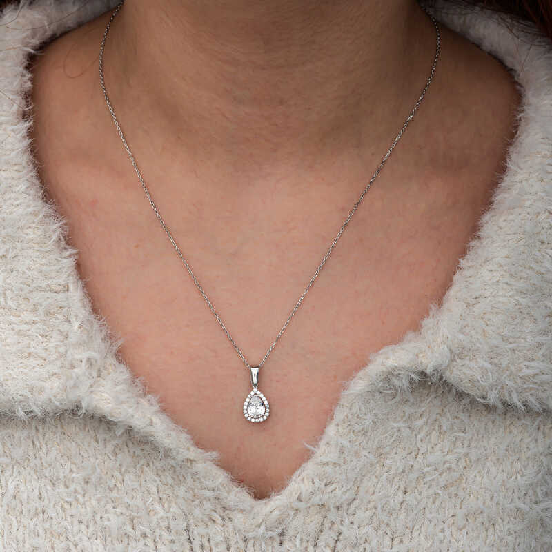 Gümüş Damla Beyaz Zirkon Taşlı Kadın Kolye