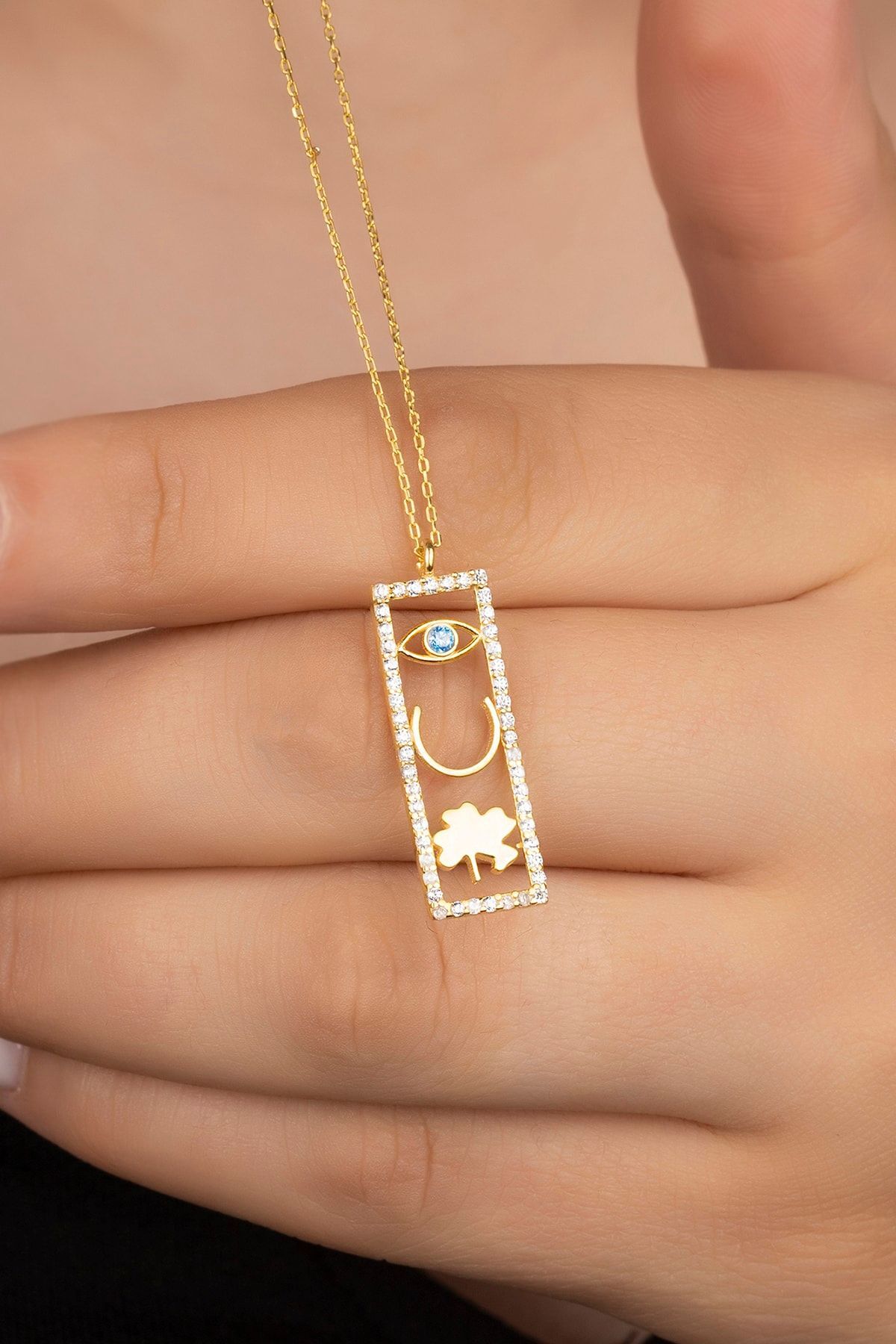 Gold Plaka Şans Gümüş Kolye