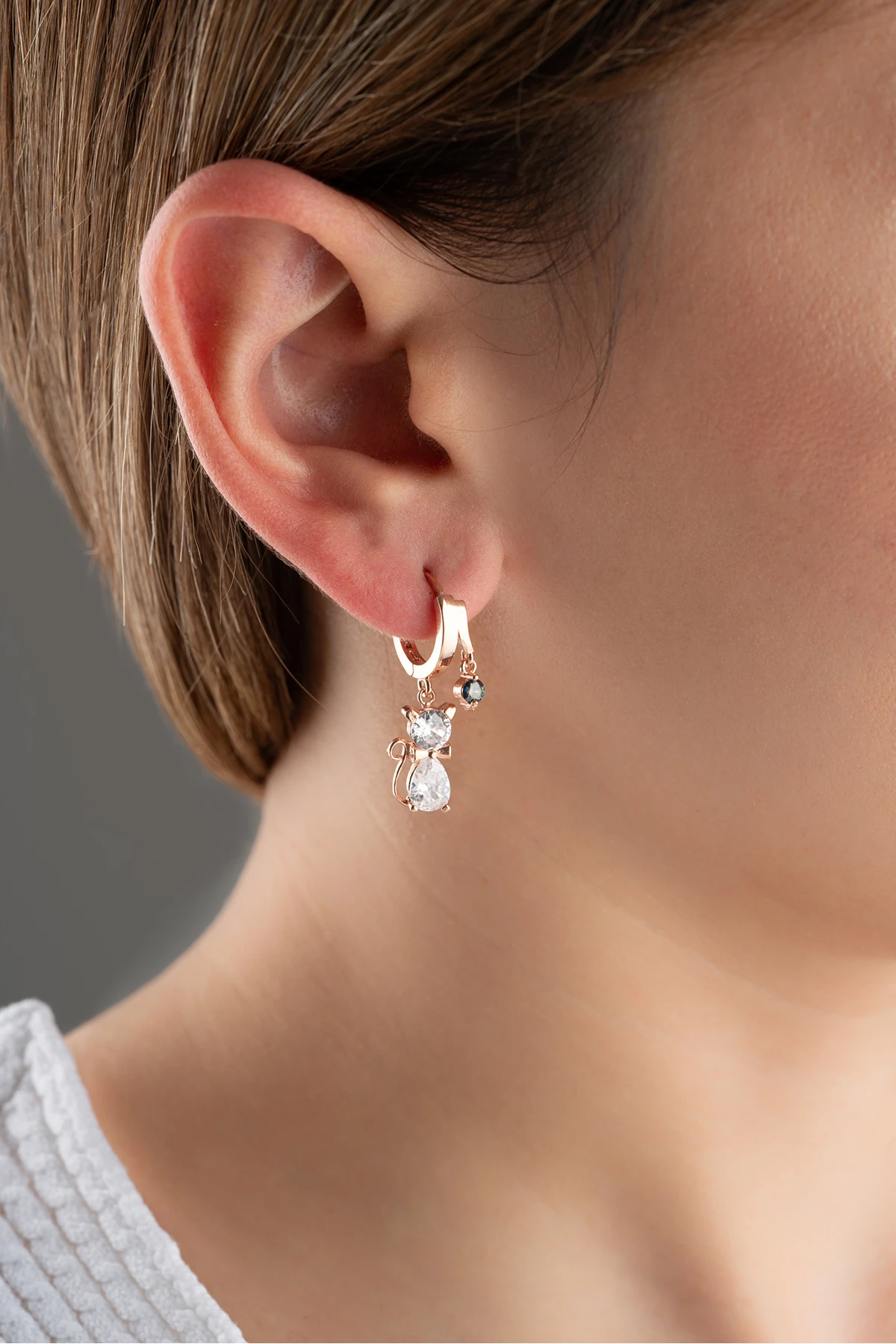 Gümüş Çift Mistik Topaz Kedi Küpe