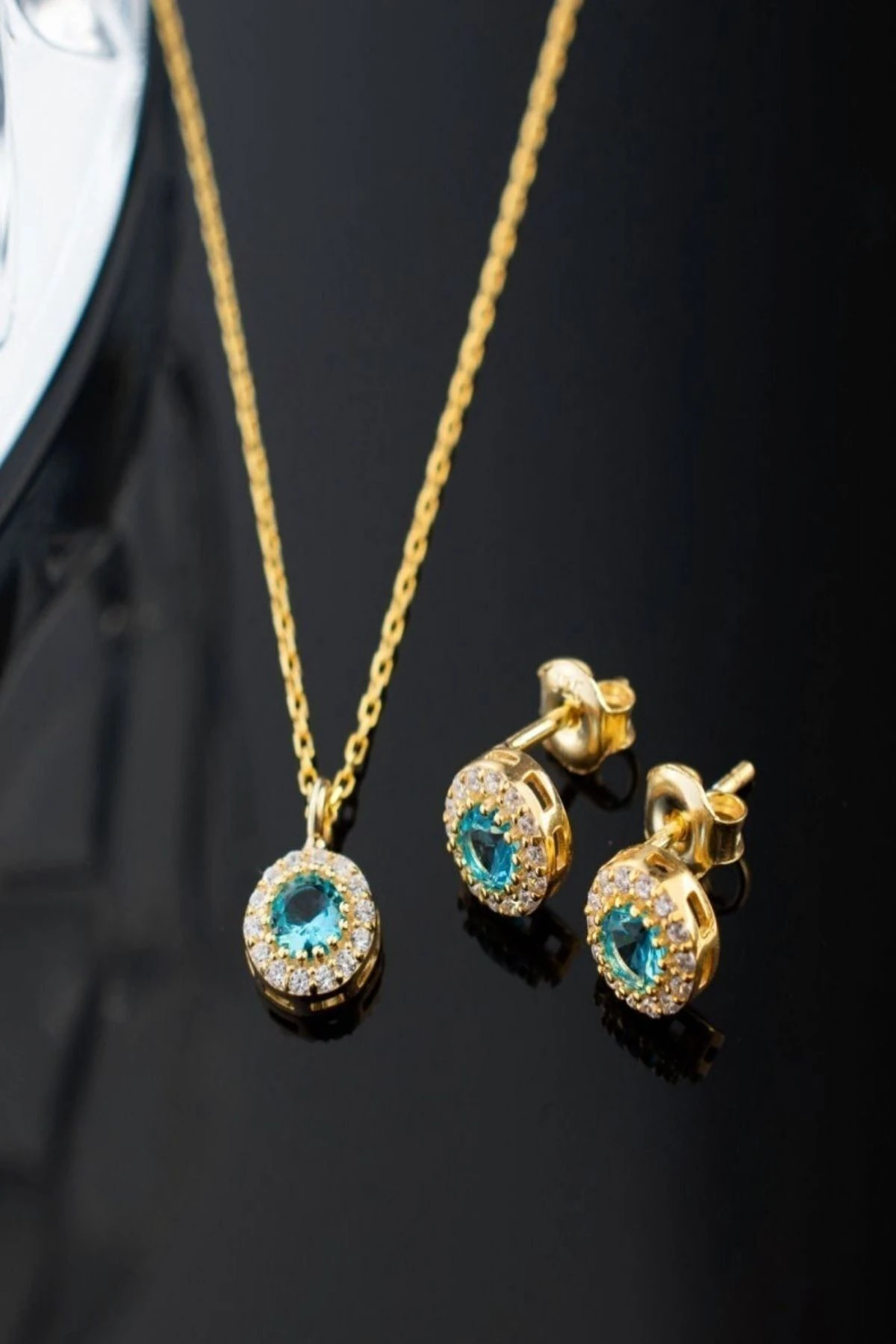 Gümüş Aralık Ayı Doğum Taşı ( Blue Topaz ) Kolye - Küpe Seti