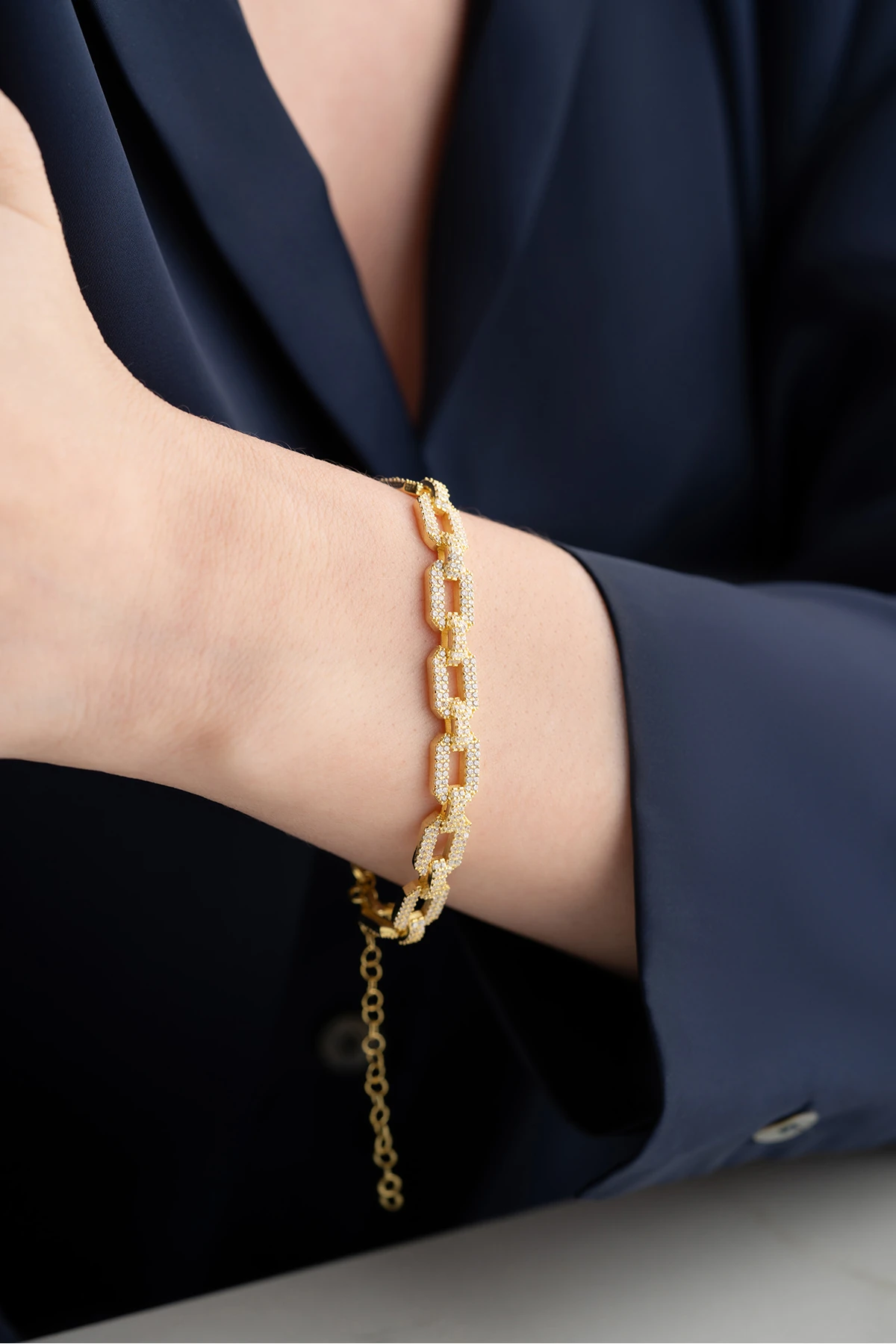 Gümüş Gold Zirkon Taşlı Zincir Bileklik