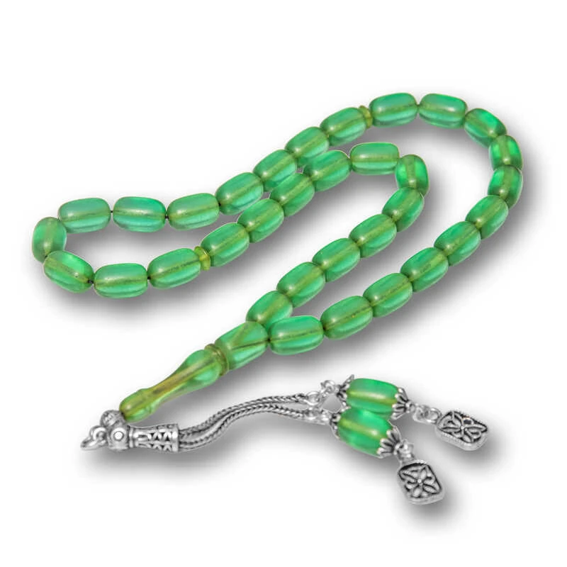 Gümüş Püsküllü Kapsül Kesim Sıkma Kehribar Tesbih