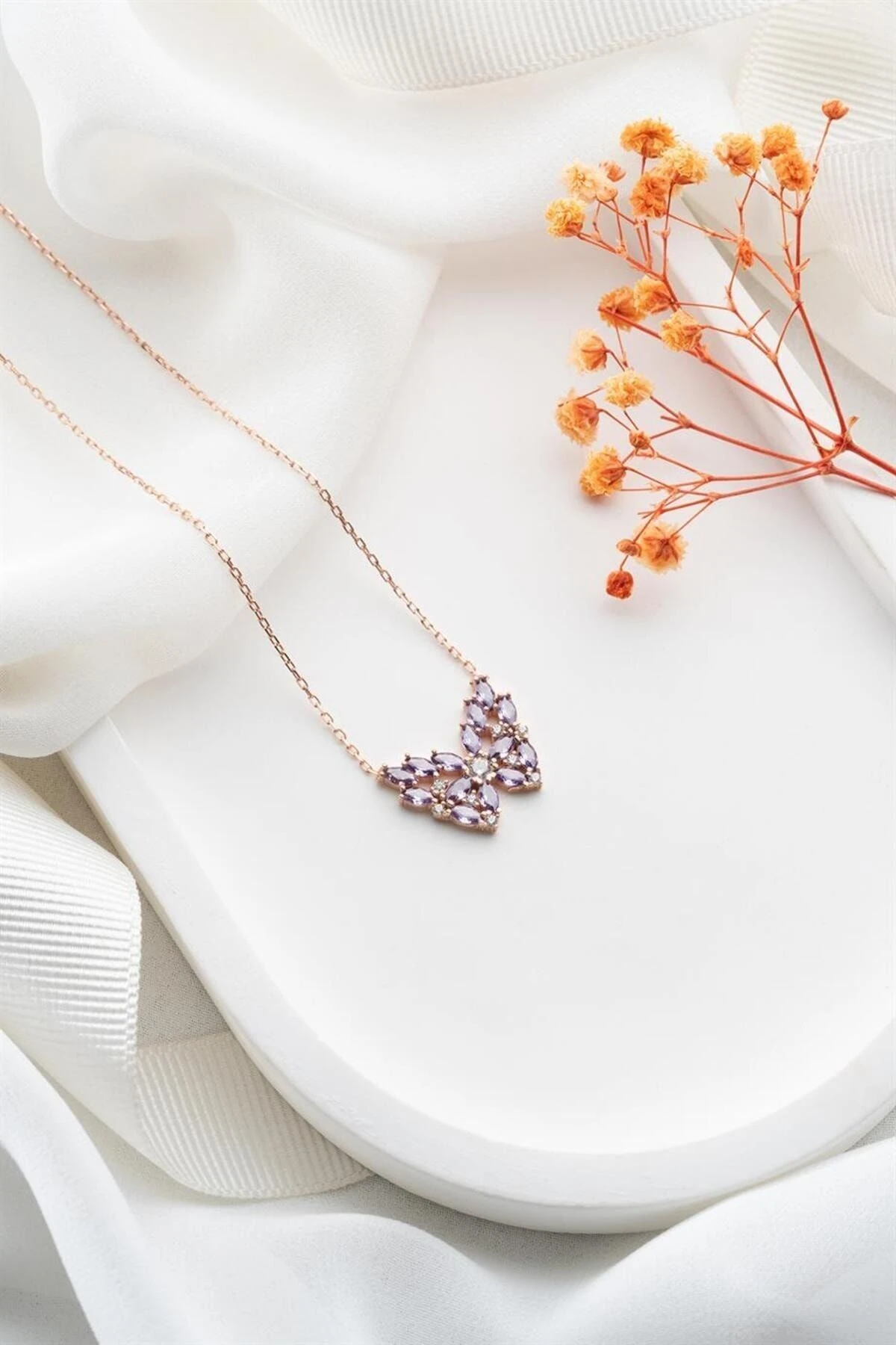 Rose Kelebek Gümüş Kolye