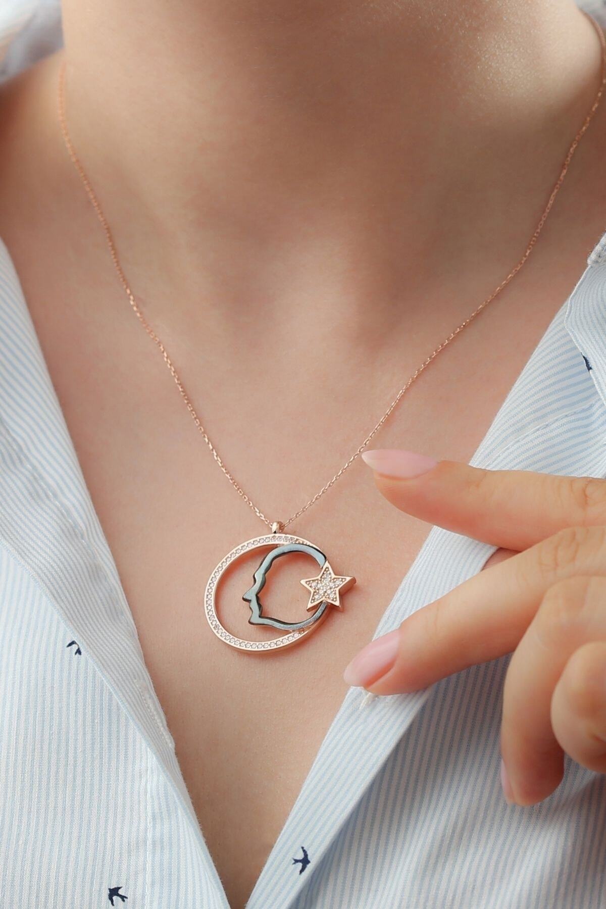 Gümüş Atatürk Silueti Ay Yıldız Kolye