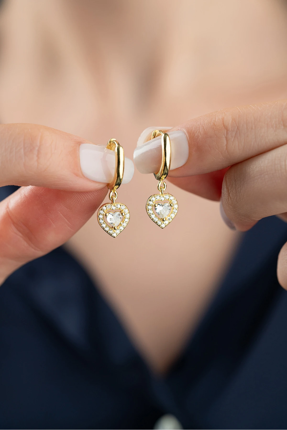 Gümüş Gold Zirkon Taşlı Kalp Küpe