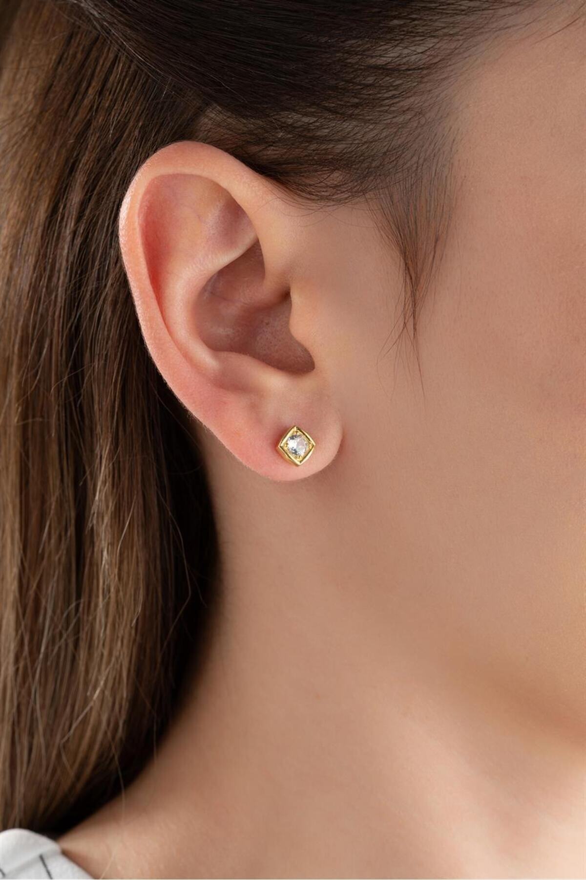 Gold Zirkon Taşlı Gümüş Küpe