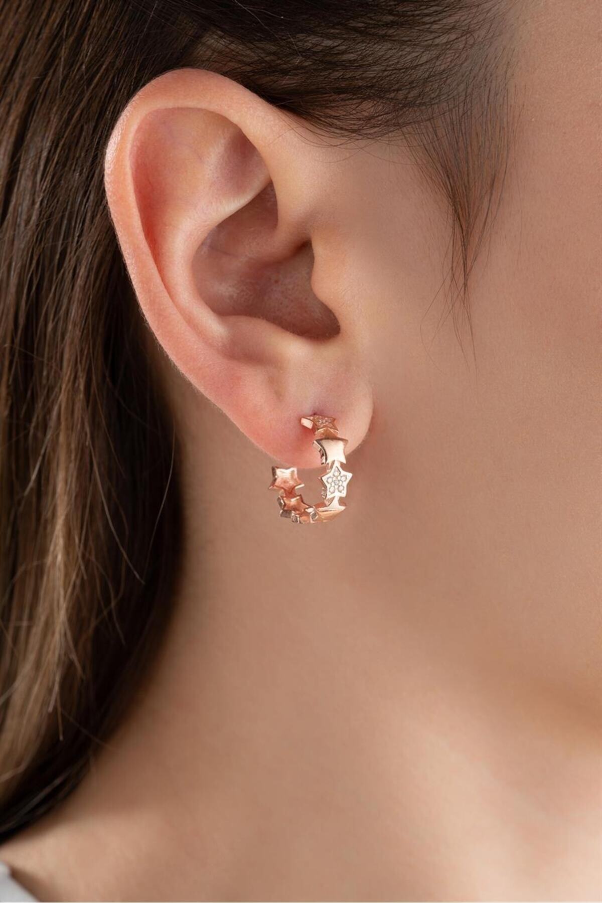 Rose Yıldızlı Halka Gümüş Küpe