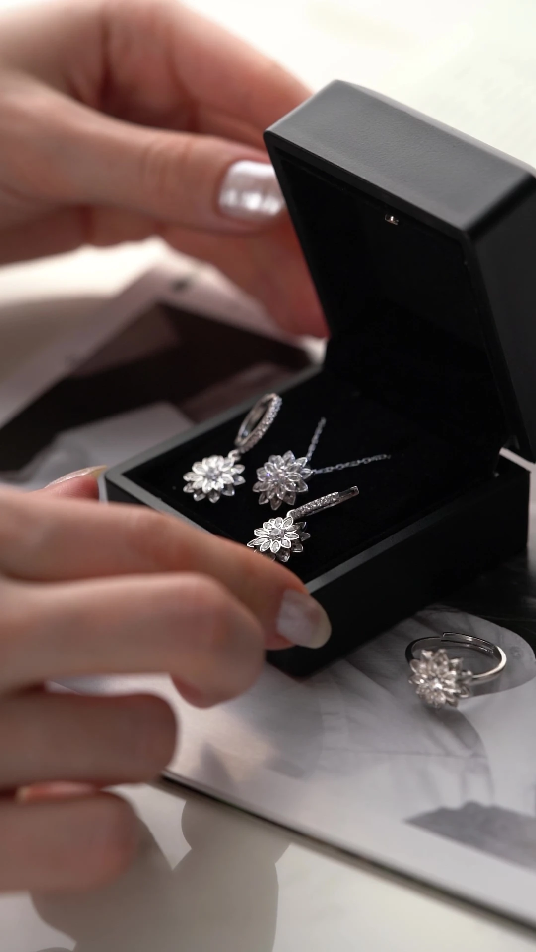 Gümüş Lotus Çiçeği Takı (Kolye-Küpe-Yüzük)Seti