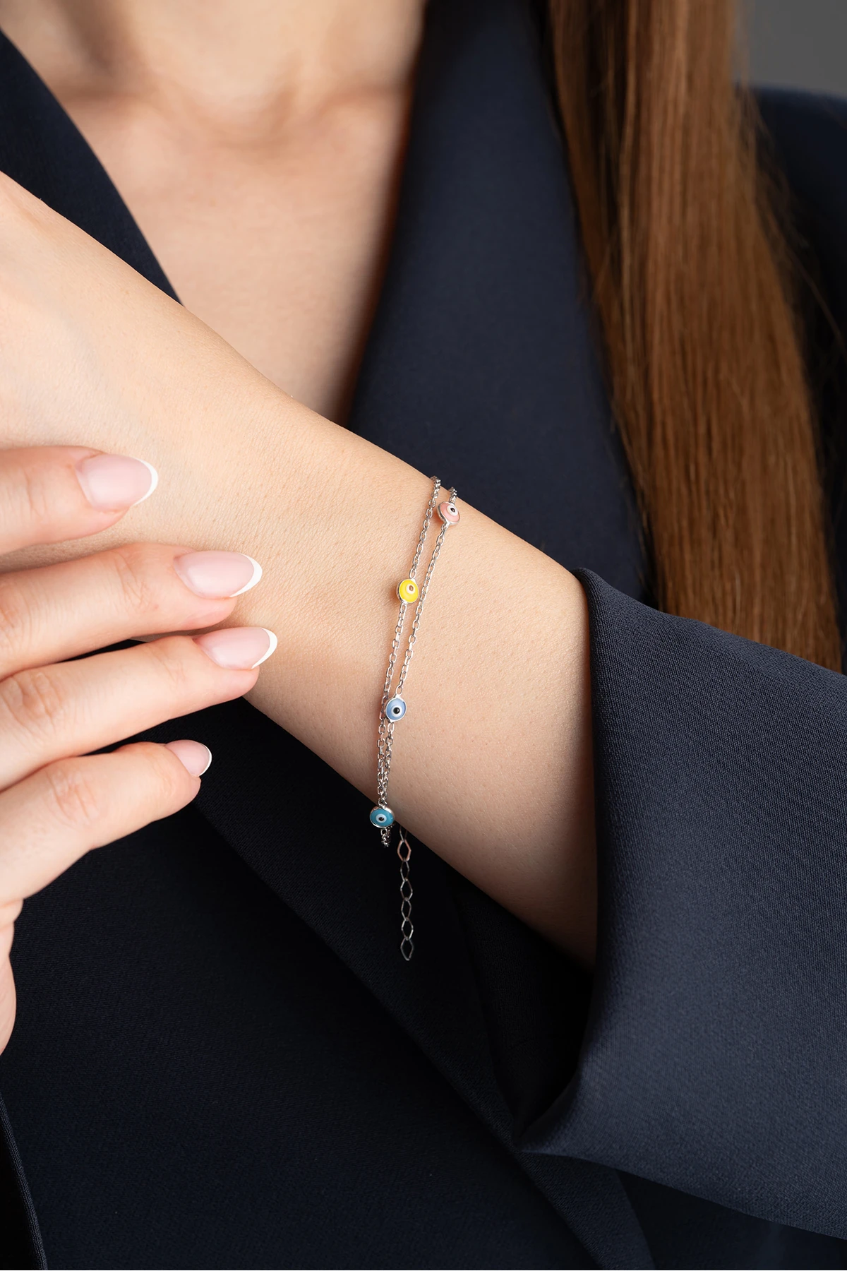 Gümüş Çiftli Renkli Nazar Bileklik