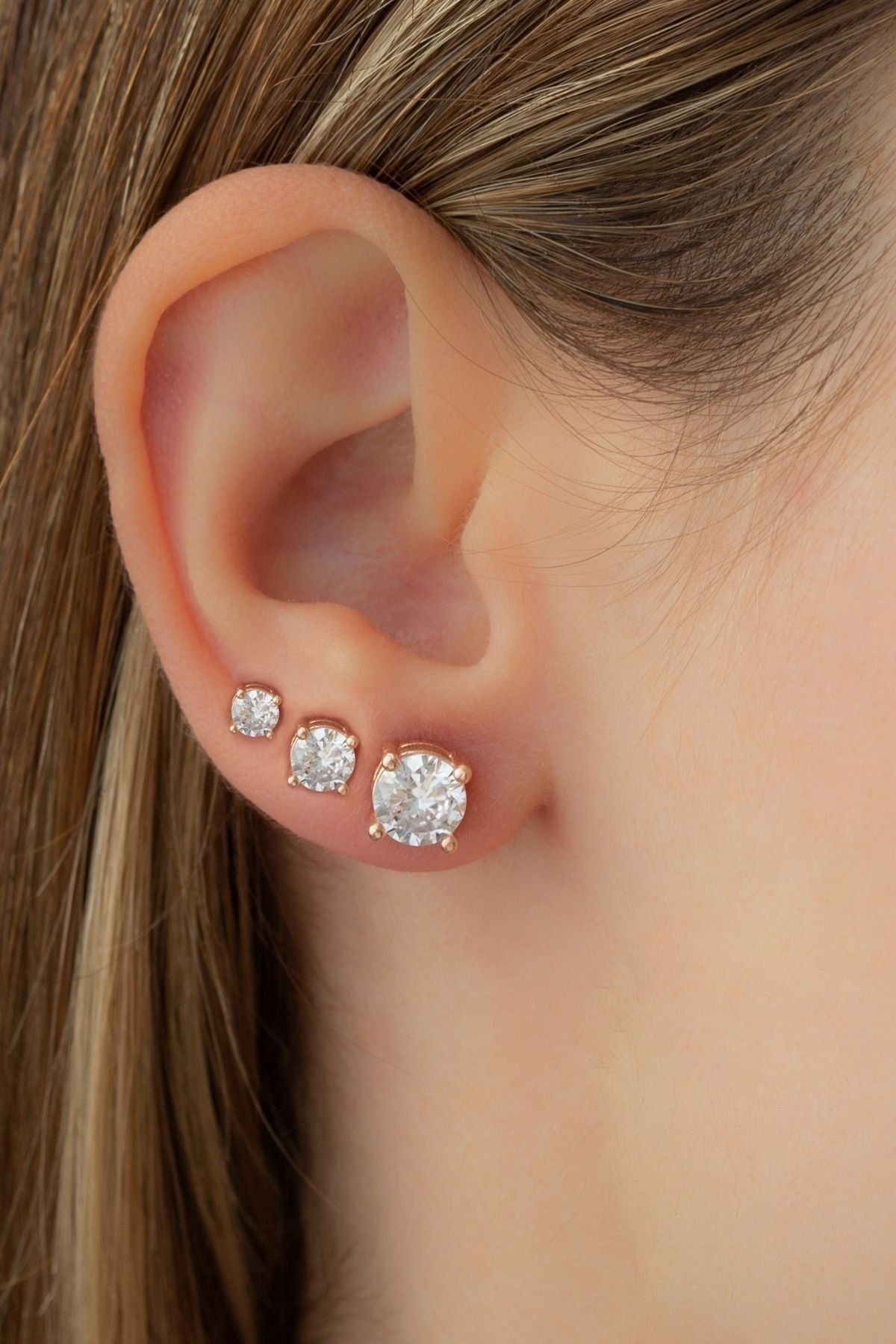 Gümüş Rose 3'lü Tektaş Set Küpe