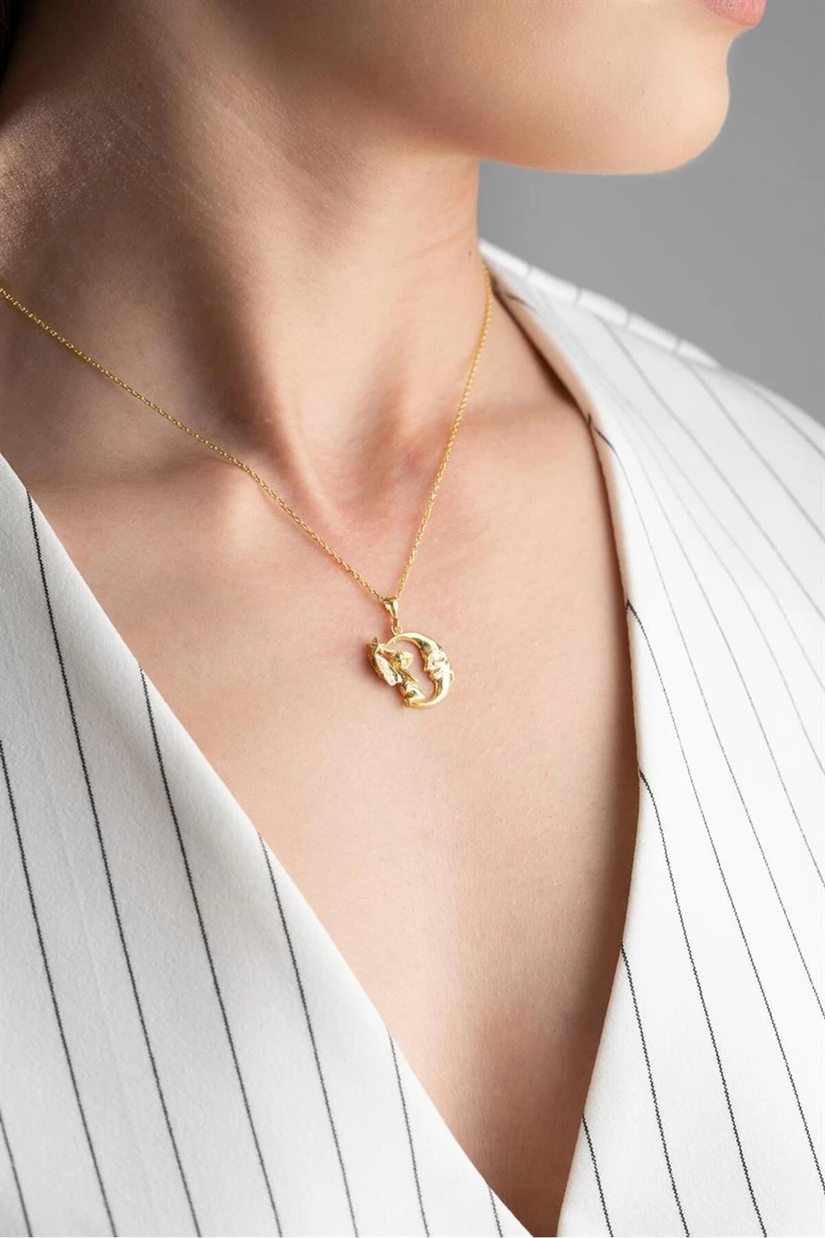 Gold Perili Hilal Gümüş Kolye