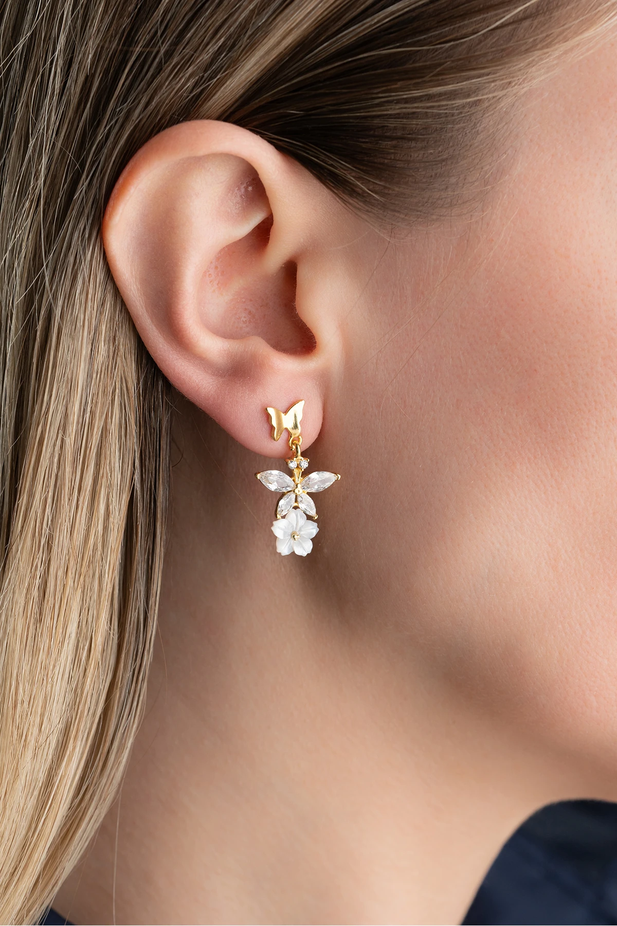 Gümüş Gold Sedefli Taşlı Küpe