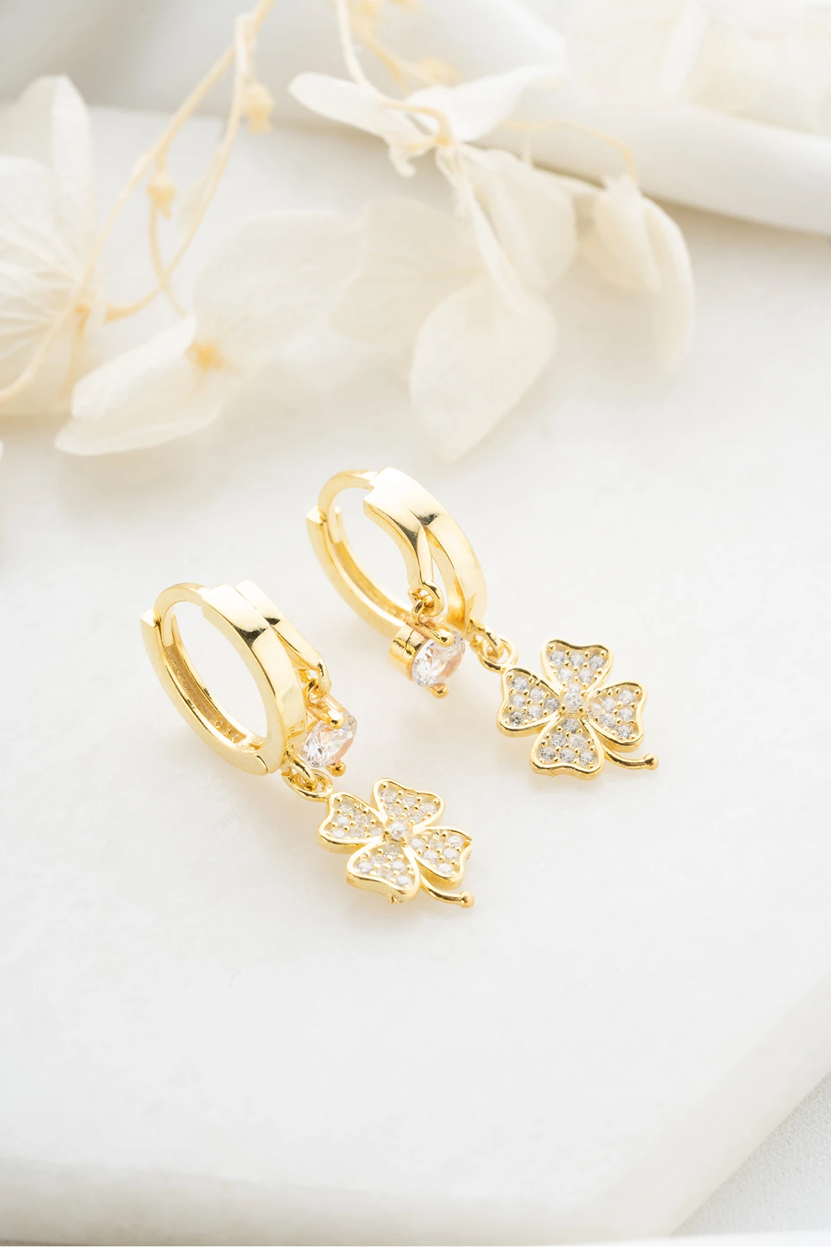 Gümüş Çift Taşlı Yonca Küpe