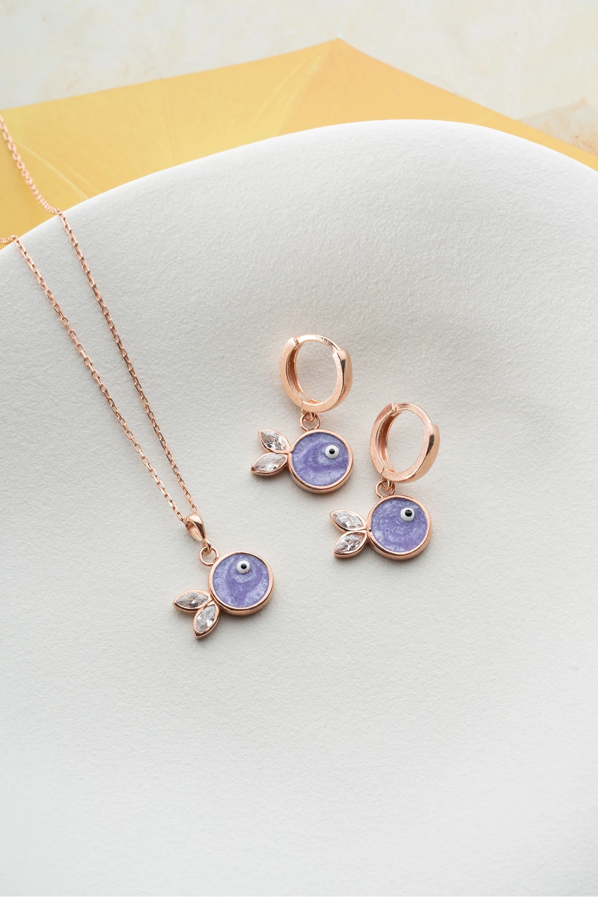 Gümüş Mor Mineli Balık (Kolye-Küpe) Takı Seti