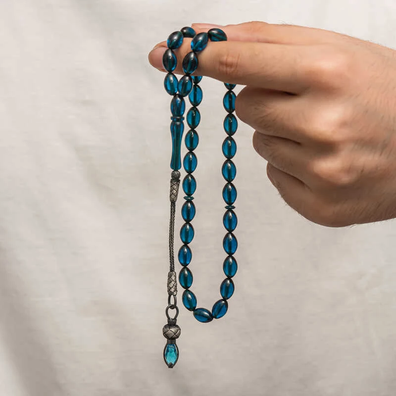 Gümüş 1000 Ayar Kazaz Püsküllü Sıkma Kehribar Tesbih