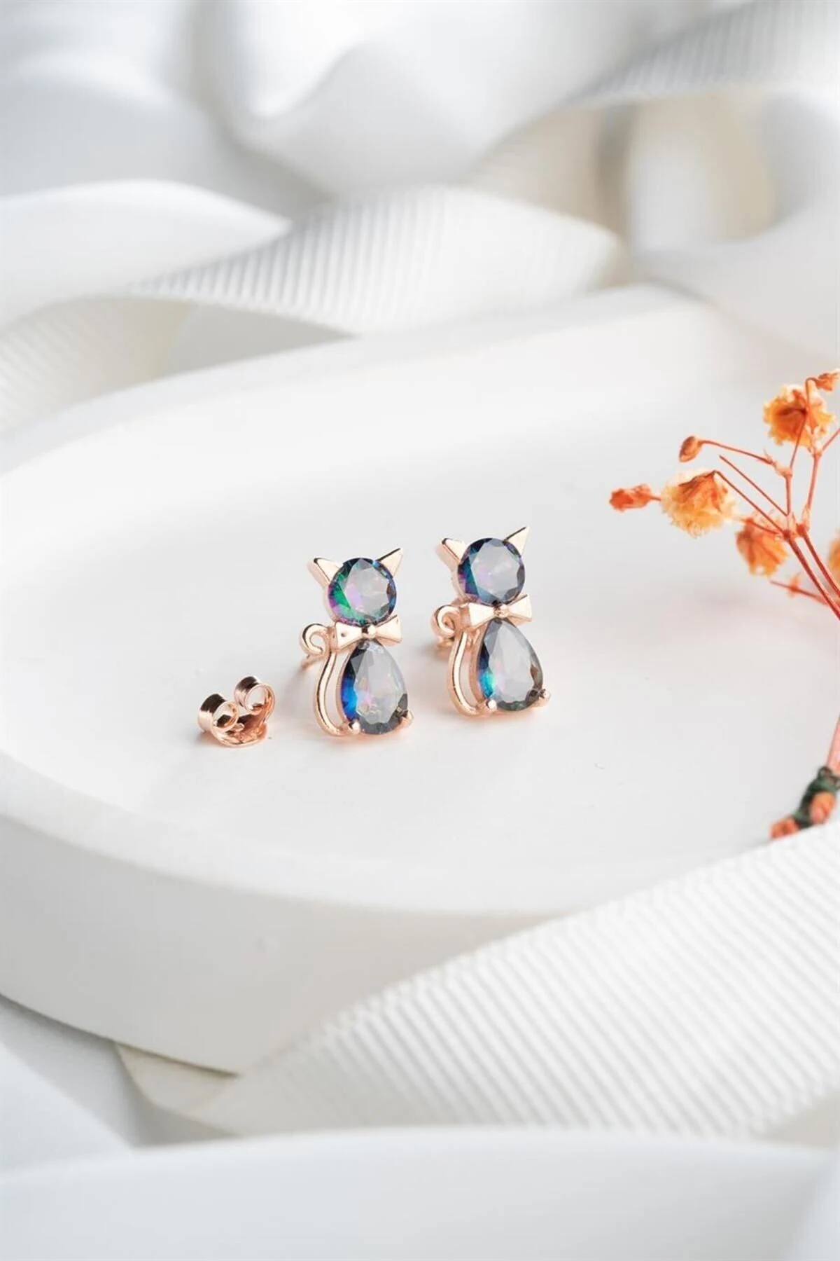 Rose Mistik Topaz Kedi Gümüş Küpe