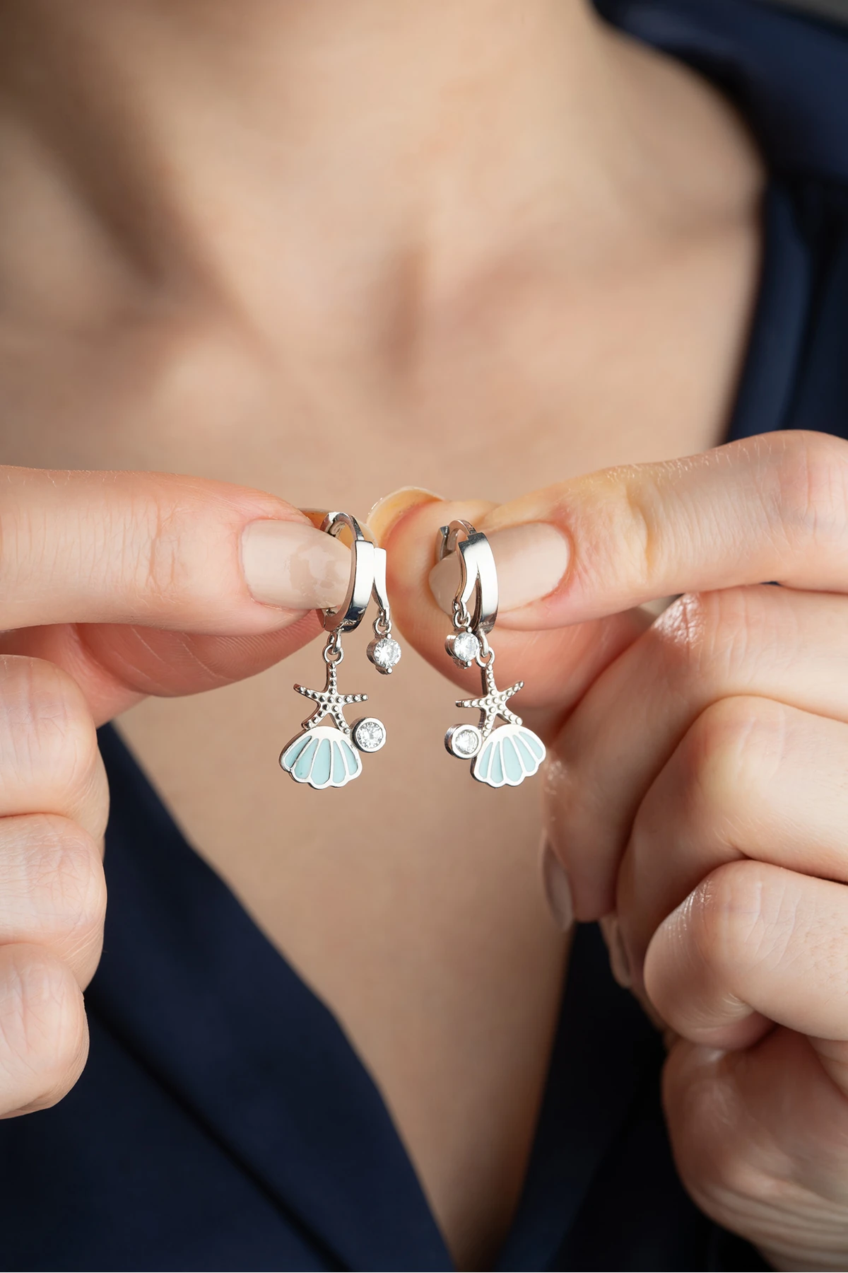 Gümüş Çift Taşlı Deniz Kabuğu Küpe