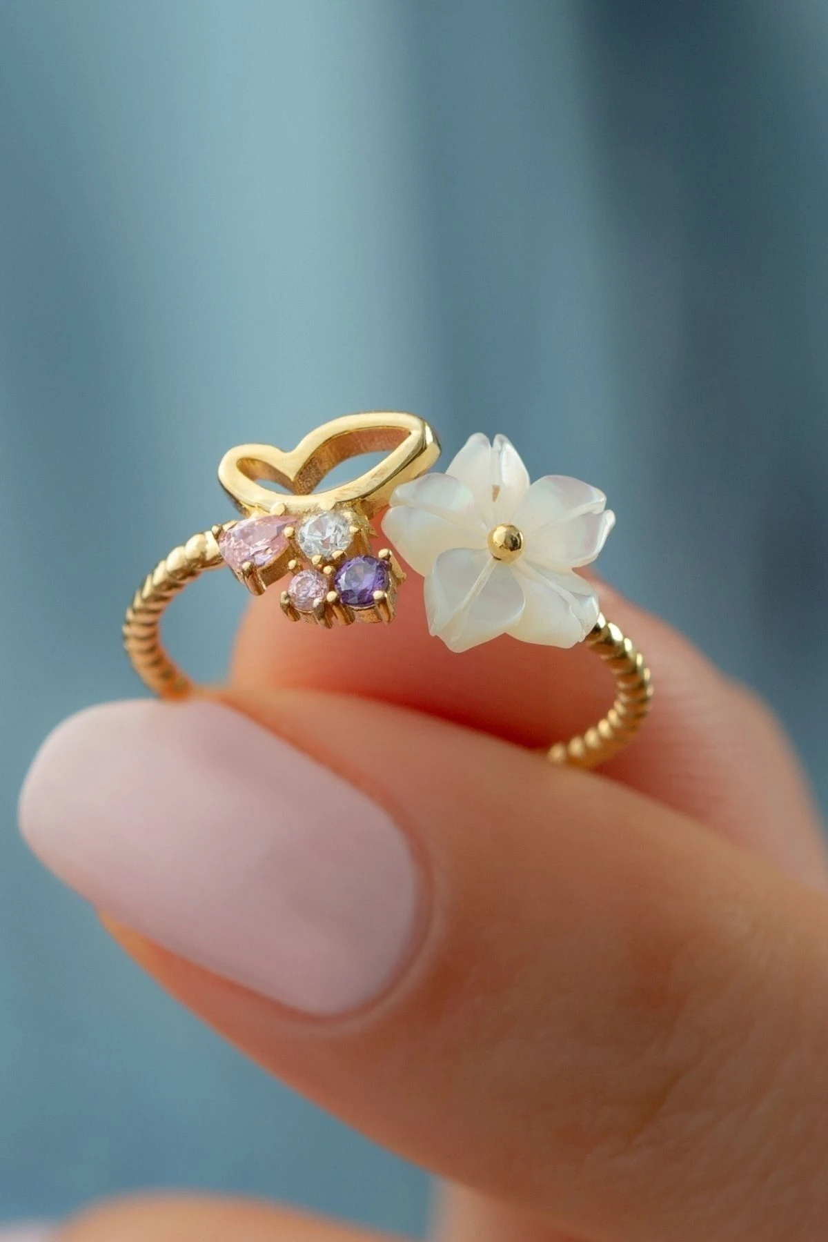 Gümüş Gold Kelebek Sedefli Yüzük