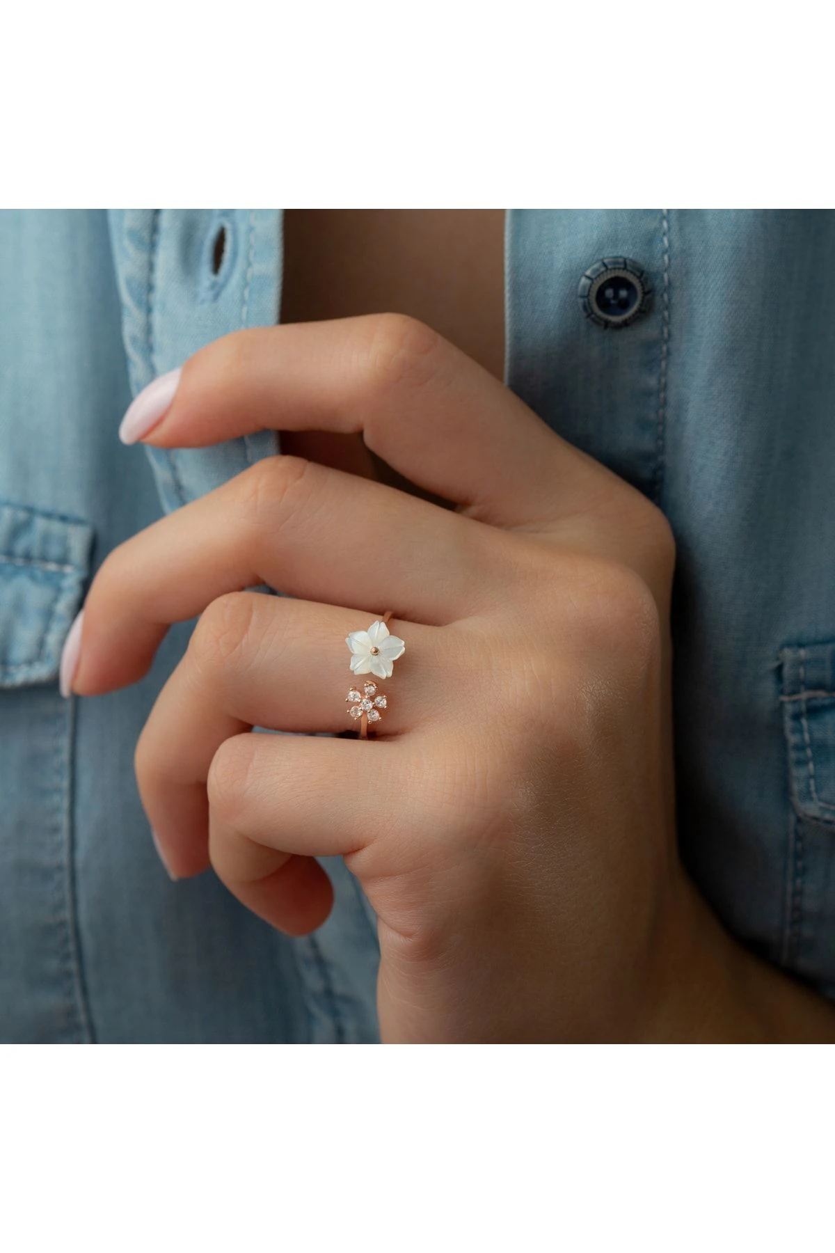 Gümüş Rose Taşlı Yonca Sedef Yüzük