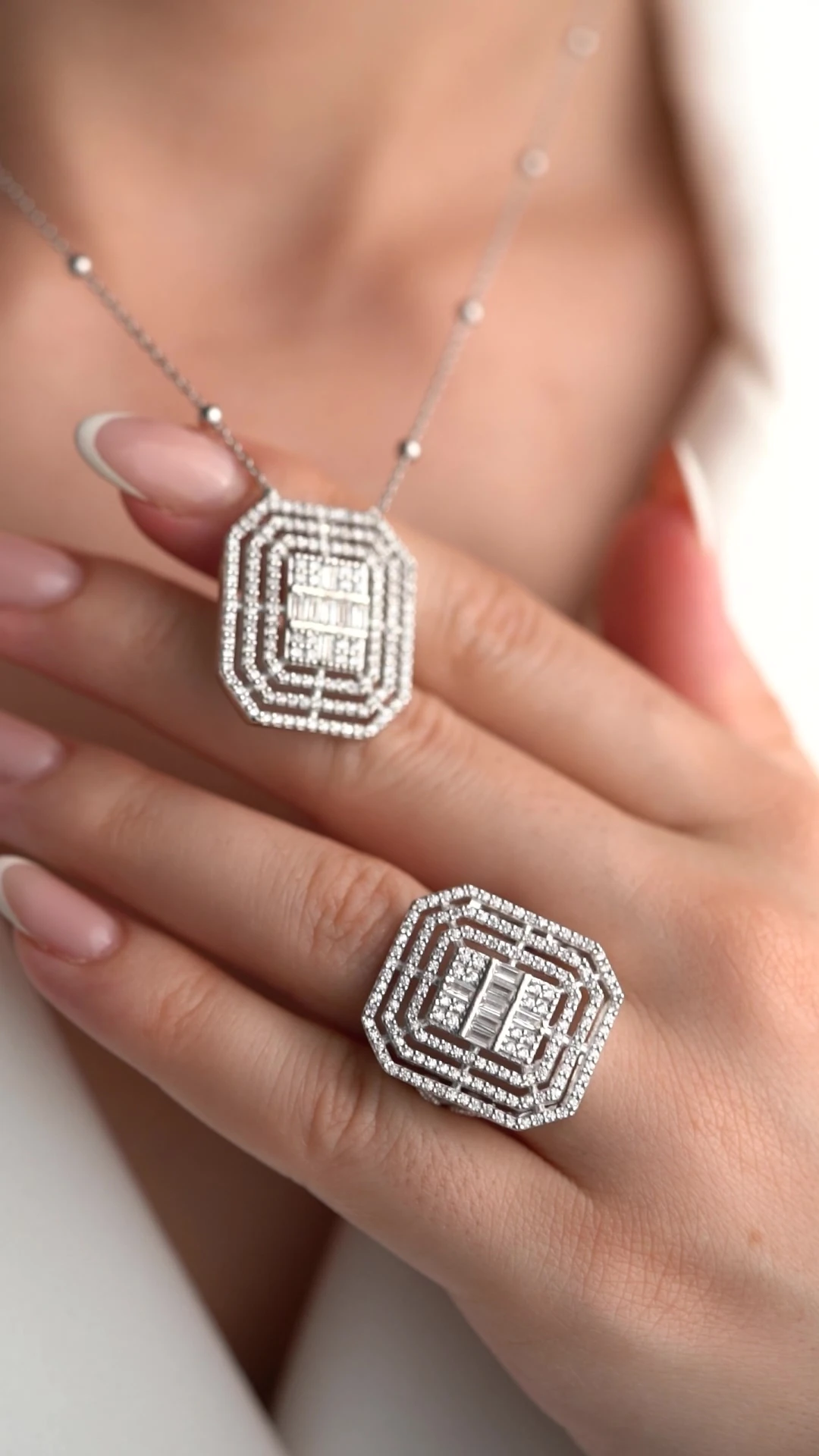 Gümüş Baget Taşlı (Kolye-Yüzük) Seti