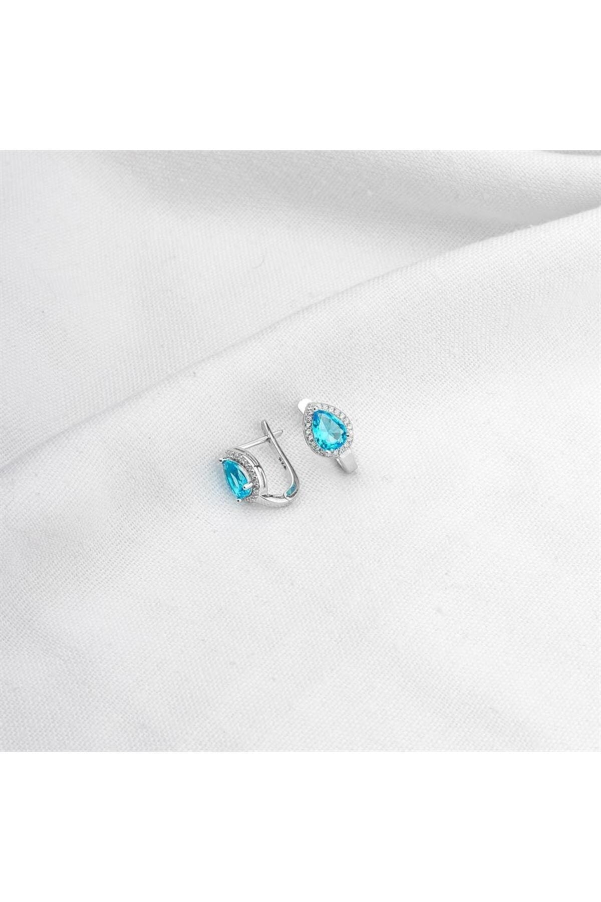Gümüş Mavi Taşlı Damla Takı Seti