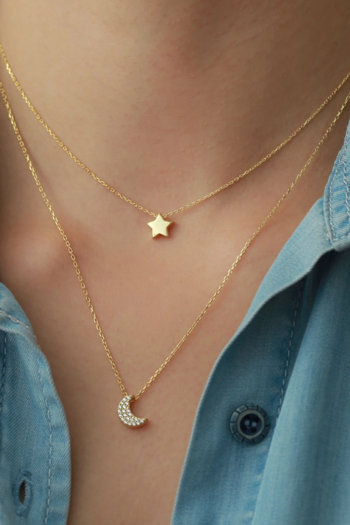 Gümüş Ay Yıldız Çiftli Kolye