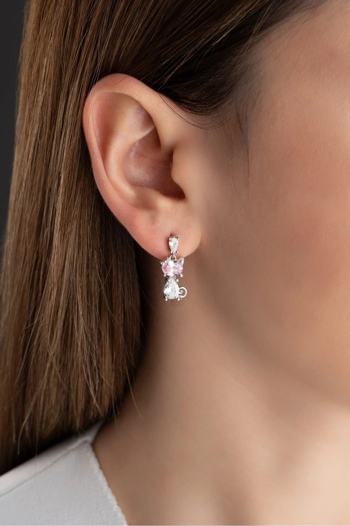 Gümüş Pembe Taşlı Kedi Küpe